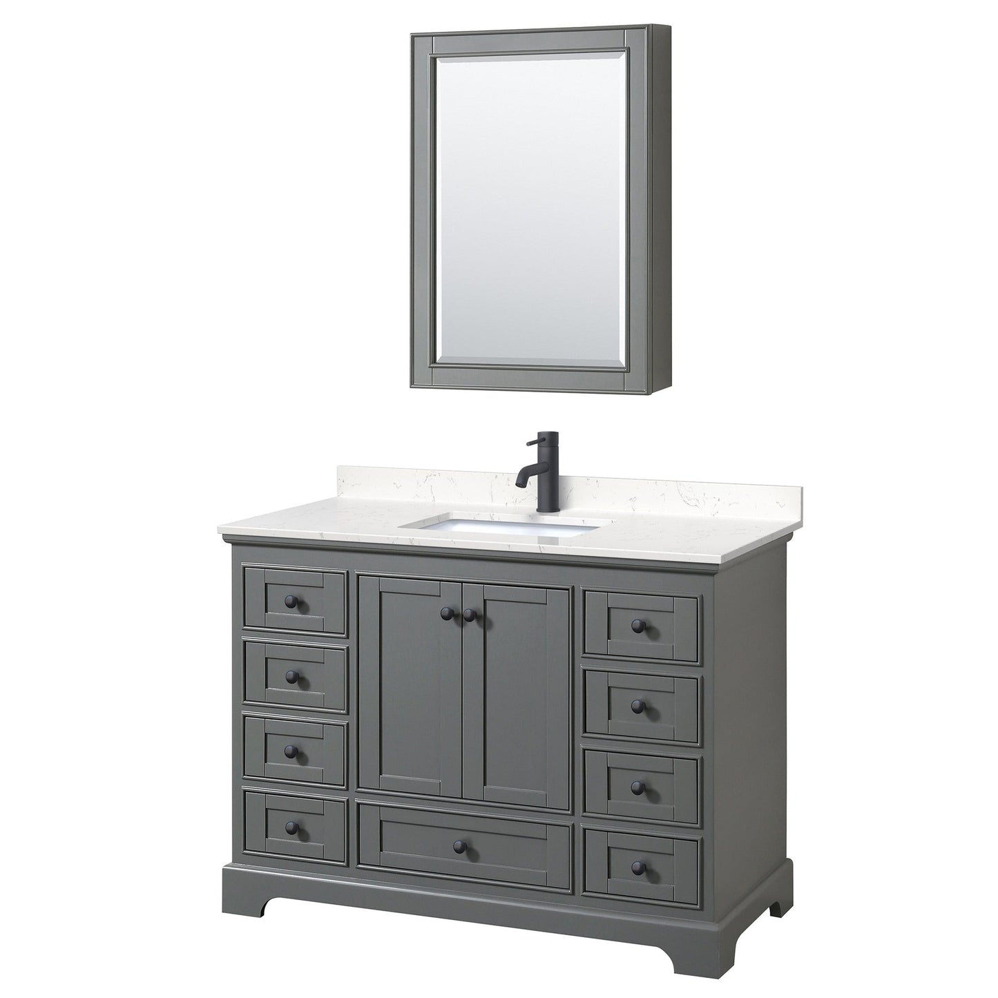 Wyndham Collection Deborah 48" Single Bathroom Vanity in Dark Gray, Carrara Cultured Marble Countertop, Undermount Square Sink, Matte Black Trim, Medicine Cabinet