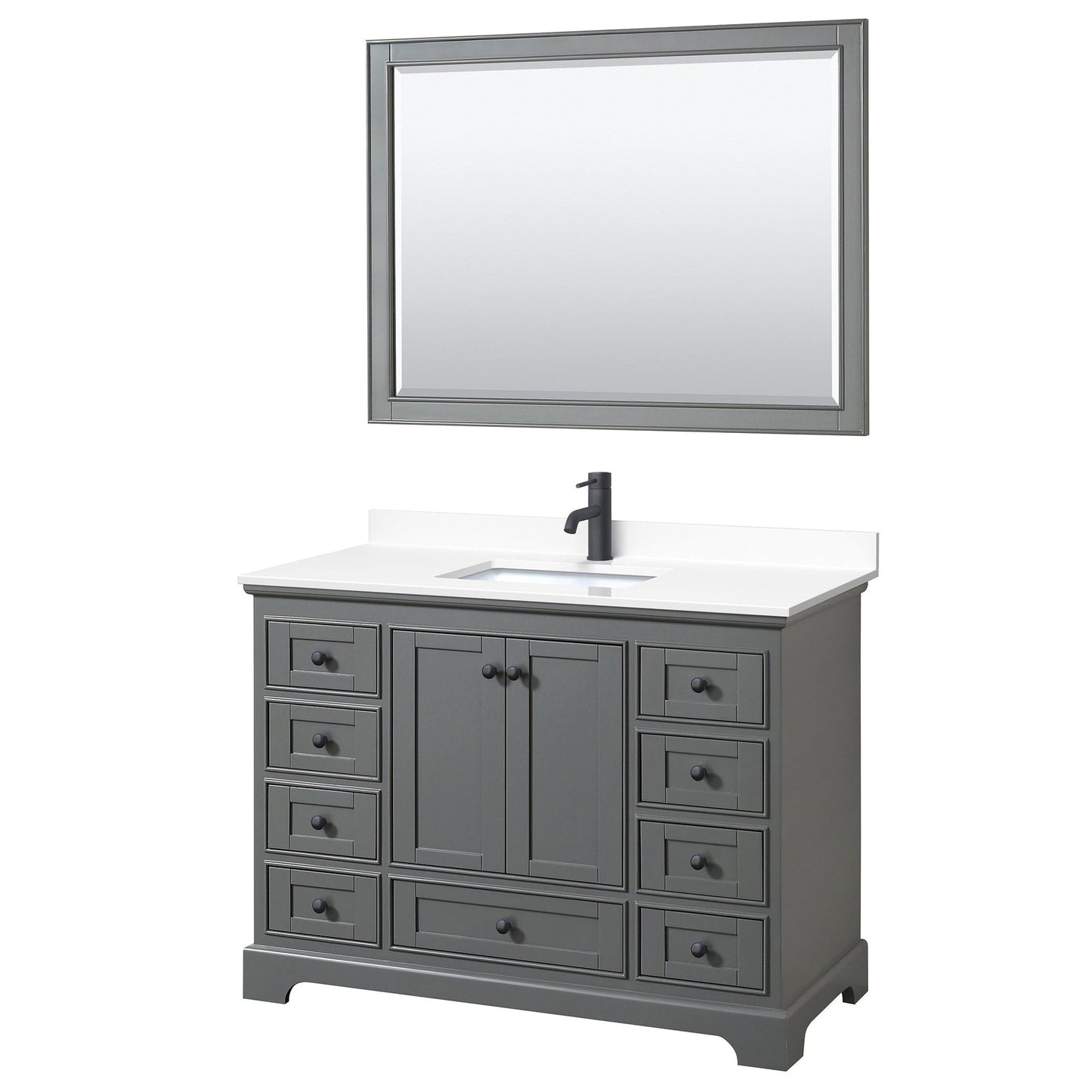 Wyndham Collection Deborah 48" Single Bathroom Vanity in Dark Gray, White Cultured Marble Countertop, Undermount Square Sink, Matte Black Trim, 46" Mirror