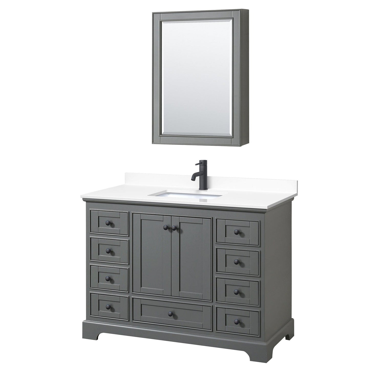 Wyndham Collection Deborah 48" Single Bathroom Vanity in Dark Gray, White Cultured Marble Countertop, Undermount Square Sink, Matte Black Trim, Medicine Cabinet