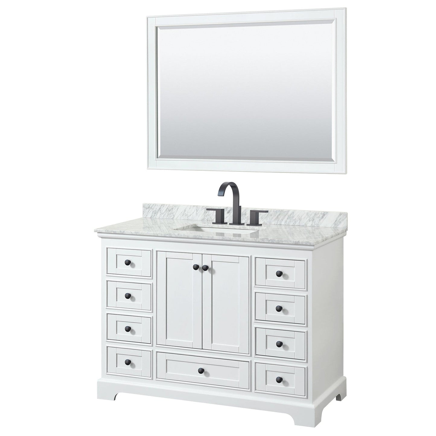 Wyndham Collection Deborah 48" Single Bathroom Vanity in White, White Carrara Marble Countertop, Undermount Square Sink, Matte Black Trim, 46" Mirror