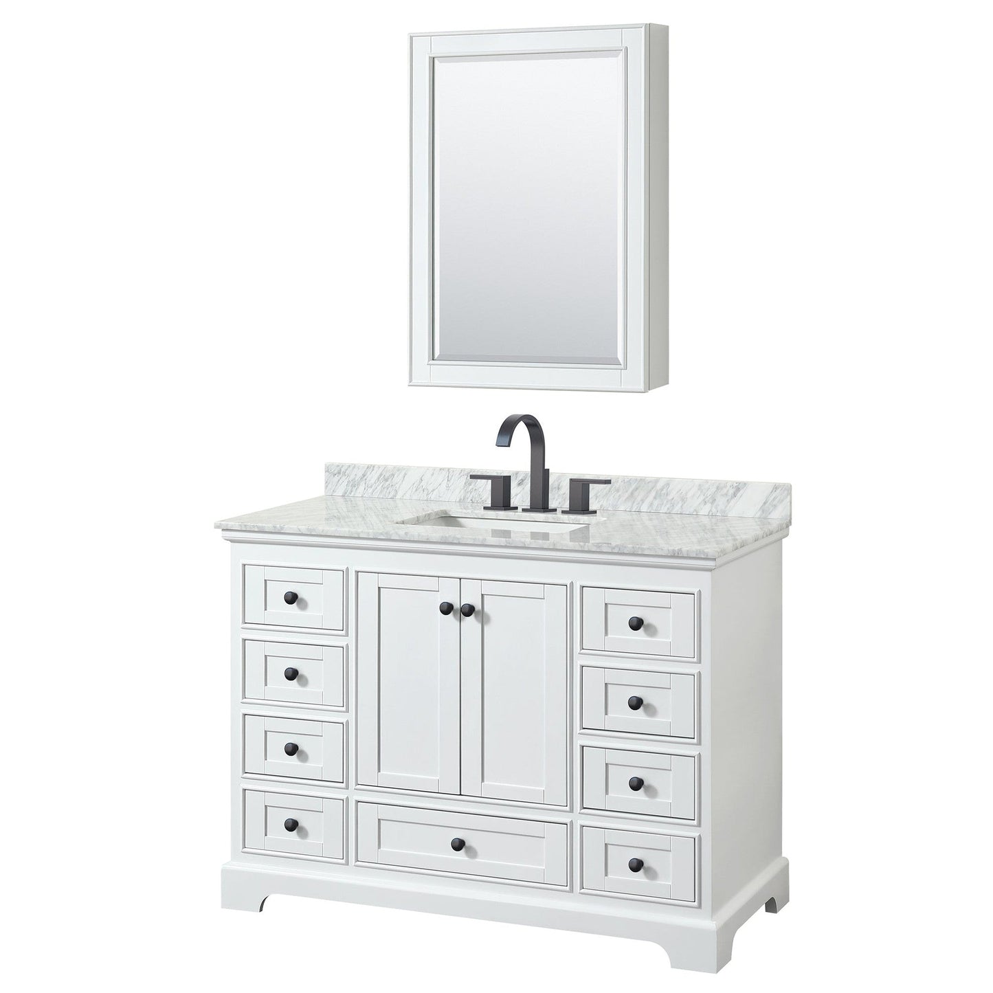 Wyndham Collection Deborah 48" Single Bathroom Vanity in White, White Carrara Marble Countertop, Undermount Square Sink, Matte Black Trim, Medicine Cabinet