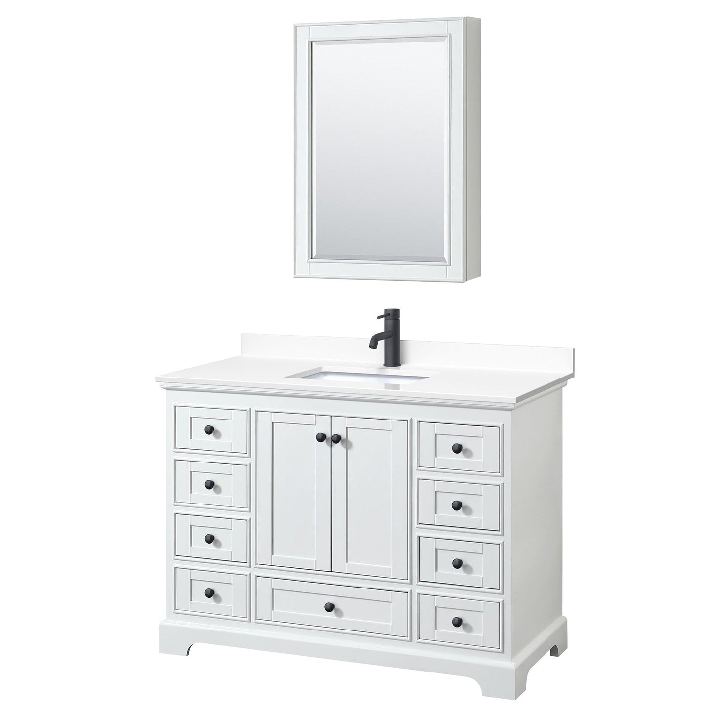 Wyndham Collection Deborah 48" Single Bathroom Vanity in White, White Cultured Marble Countertop, Undermount Square Sink, Matte Black Trim, Medicine Cabinet