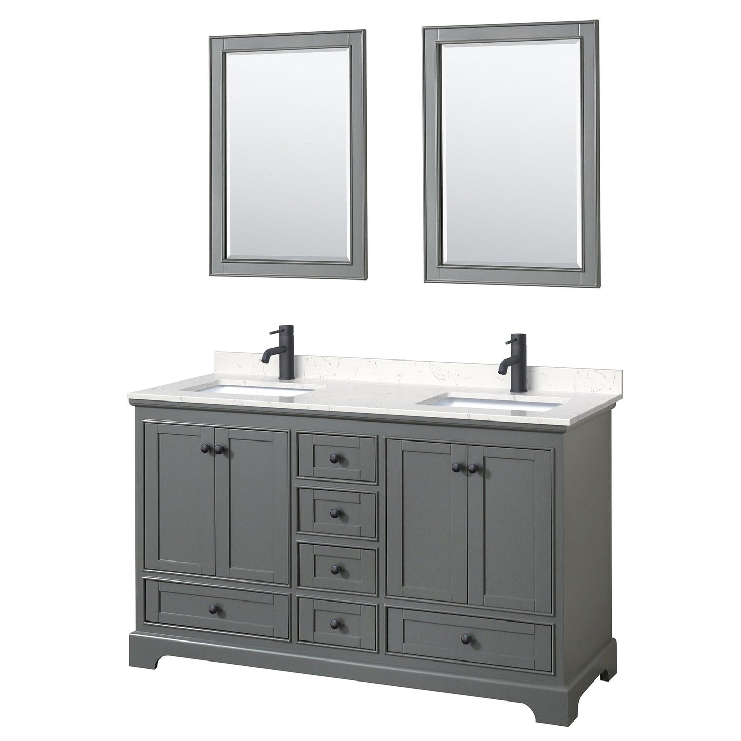 Wyndham Collection Deborah 60" Double Bathroom Vanity in Dark Gray, Carrara Cultured Marble Countertop, Undermount Square Sinks, Matte Black Trim, 24" Mirrors