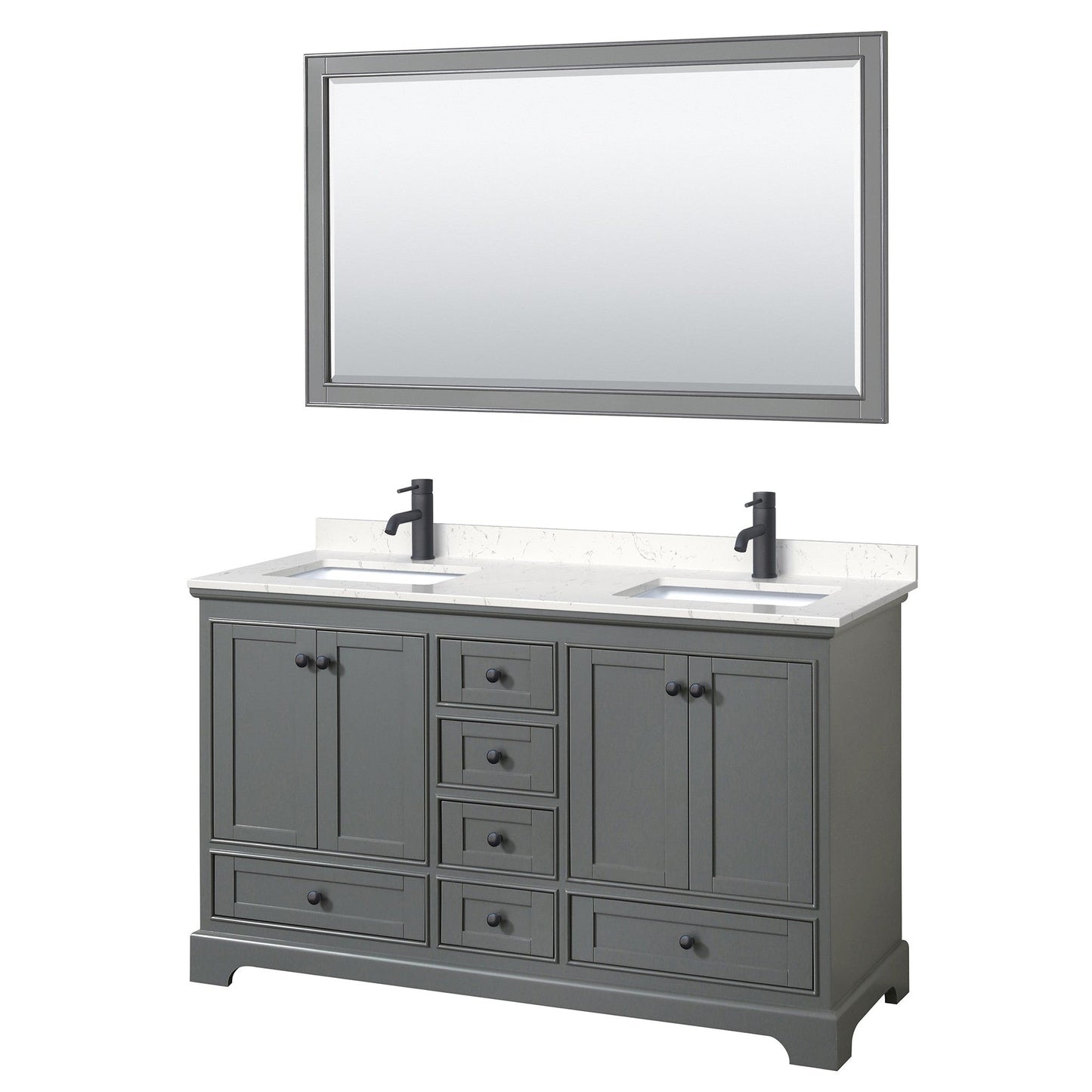 Wyndham Collection Deborah 60" Double Bathroom Vanity in Dark Gray, Carrara Cultured Marble Countertop, Undermount Square Sinks, Matte Black Trim, 58" Mirror