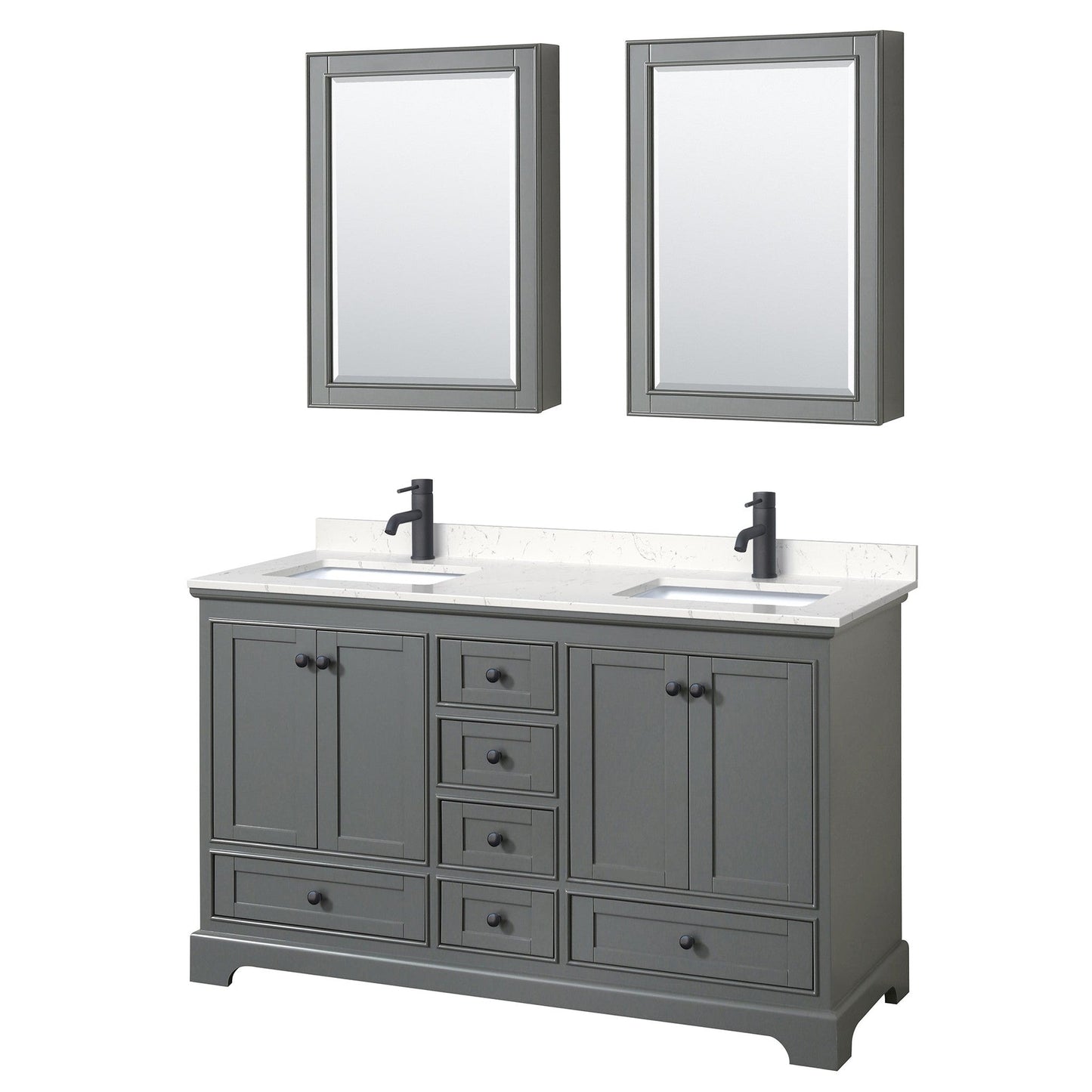 Wyndham Collection Deborah 60" Double Bathroom Vanity in Dark Gray, Carrara Cultured Marble Countertop, Undermount Square Sinks, Matte Black Trim, Medicine Cabinets