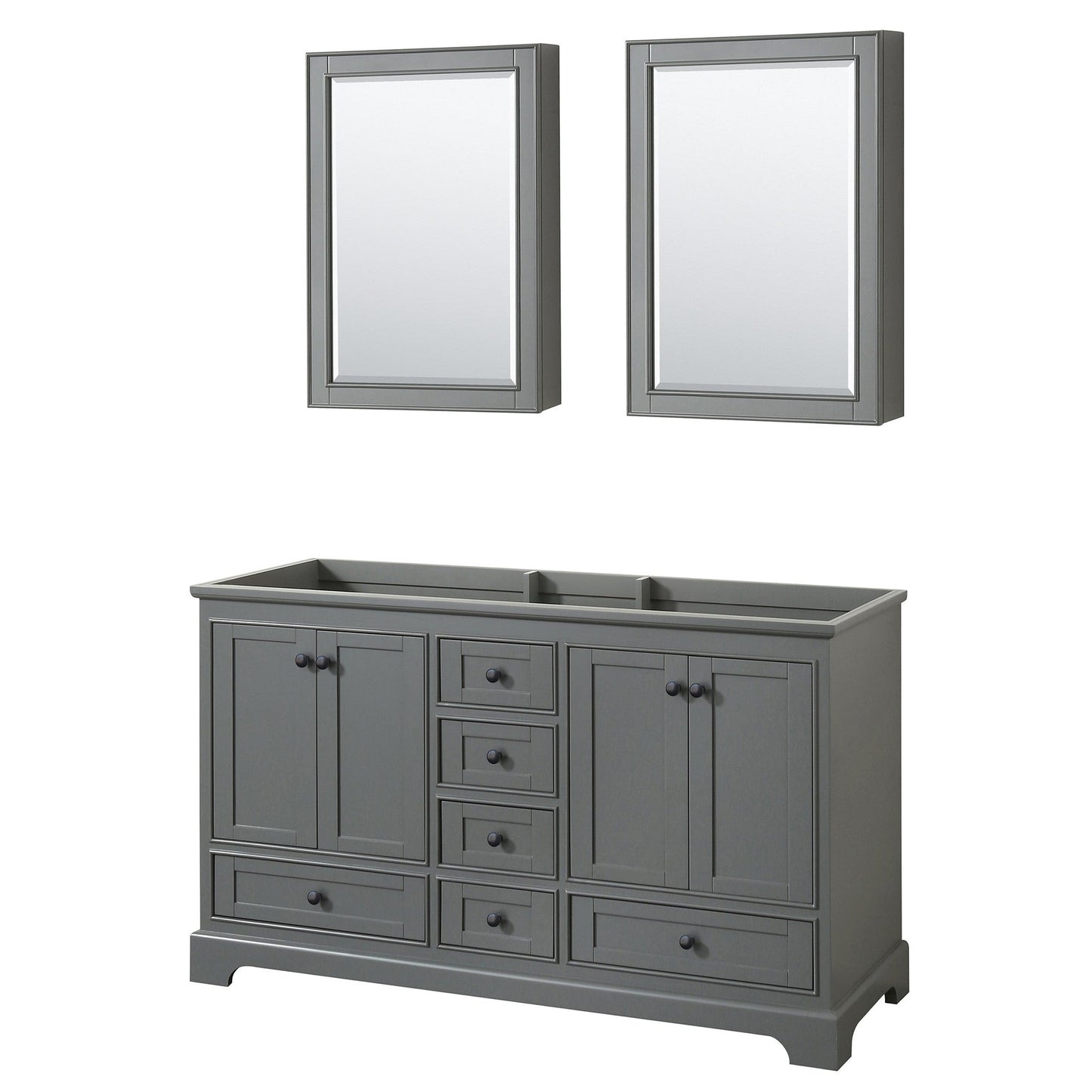 Deborah 60" Double Bathroom Vanity in Dark Gray, No Countertop, No Sinks, Matte Black Trim, Medicine Cabinets