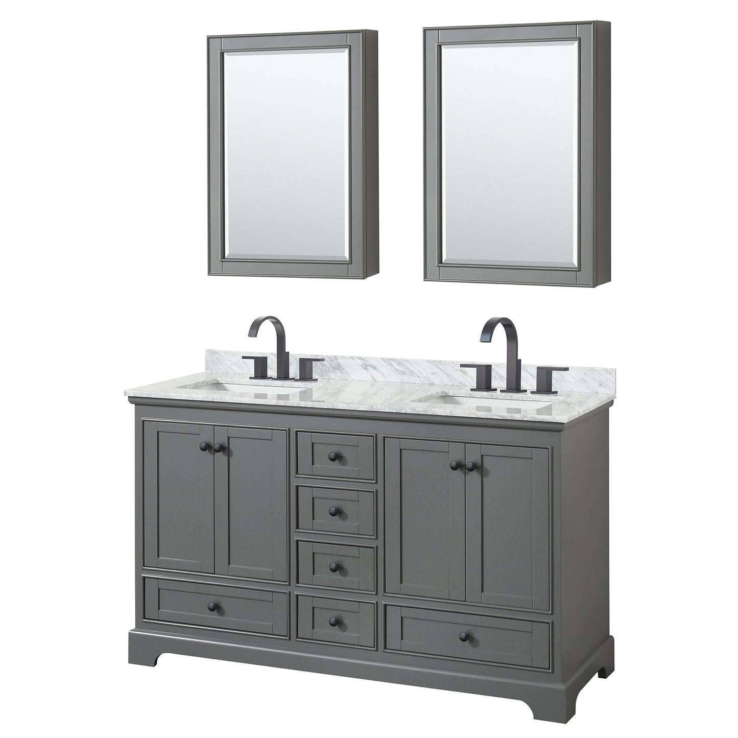 Wyndham Collection Deborah 60" Double Bathroom Vanity in Dark Gray, White Carrara Marble Countertop, Undermount Square Sinks, Matte Black Trim, Medicine Cabinets