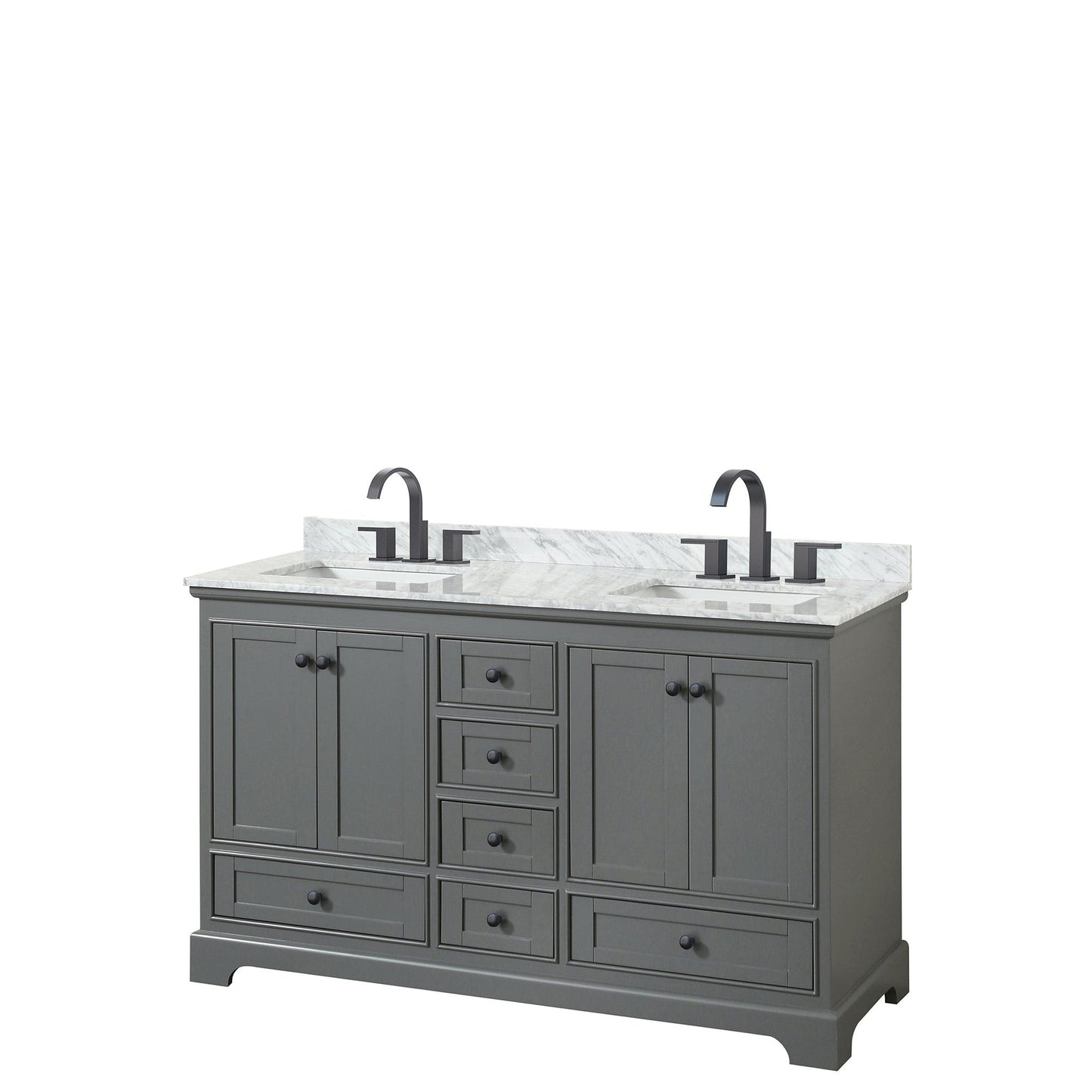 Wyndham Collection Deborah 60" Double Bathroom Vanity in Dark Gray, White Carrara Marble Countertop, Undermount Square Sinks, Matte Black Trim