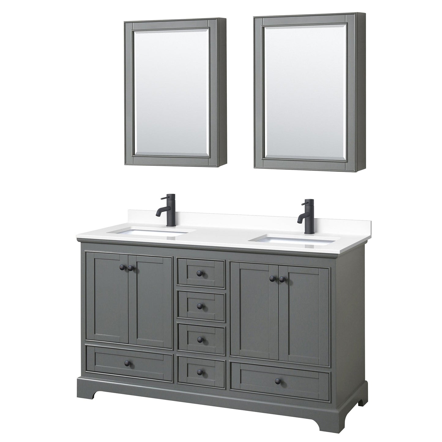 Wyndham Collection Deborah 60" Double Bathroom Vanity in Dark Gray, White Cultured Marble Countertop, Undermount Square Sinks, Matte Black Trim, Medicine Cabinets