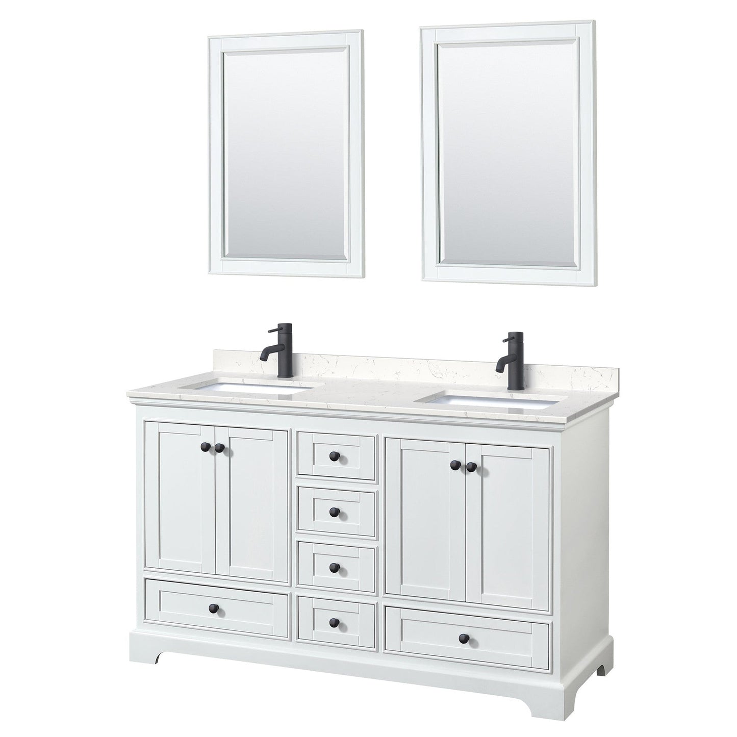 Wyndham Collection Deborah 60" Double Bathroom Vanity in White, Carrara Cultured Marble Countertop, Undermount Square Sinks, Matte Black Trim, 24" Mirrors