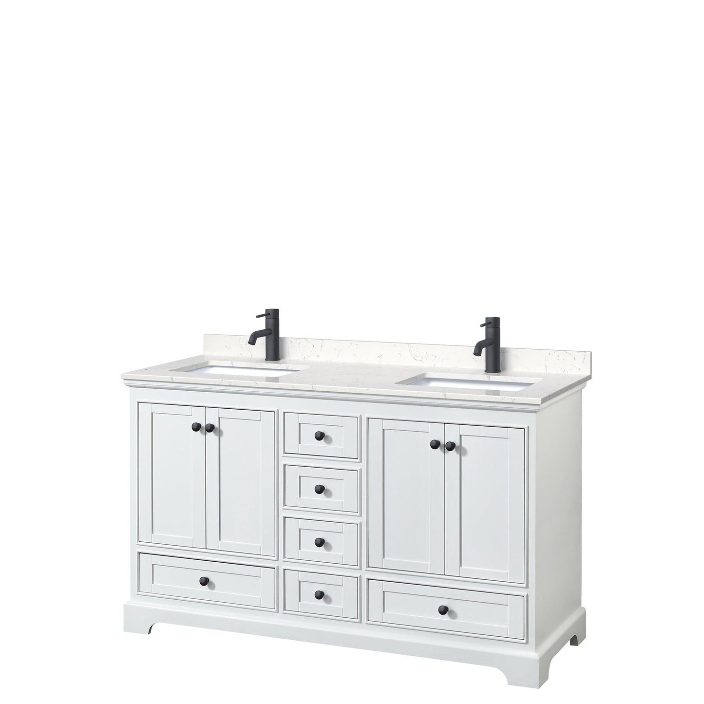 Wyndham Collection Deborah 60" Double Bathroom Vanity in White, Carrara Cultured Marble Countertop, Undermount Square Sinks, Matte Black Trim