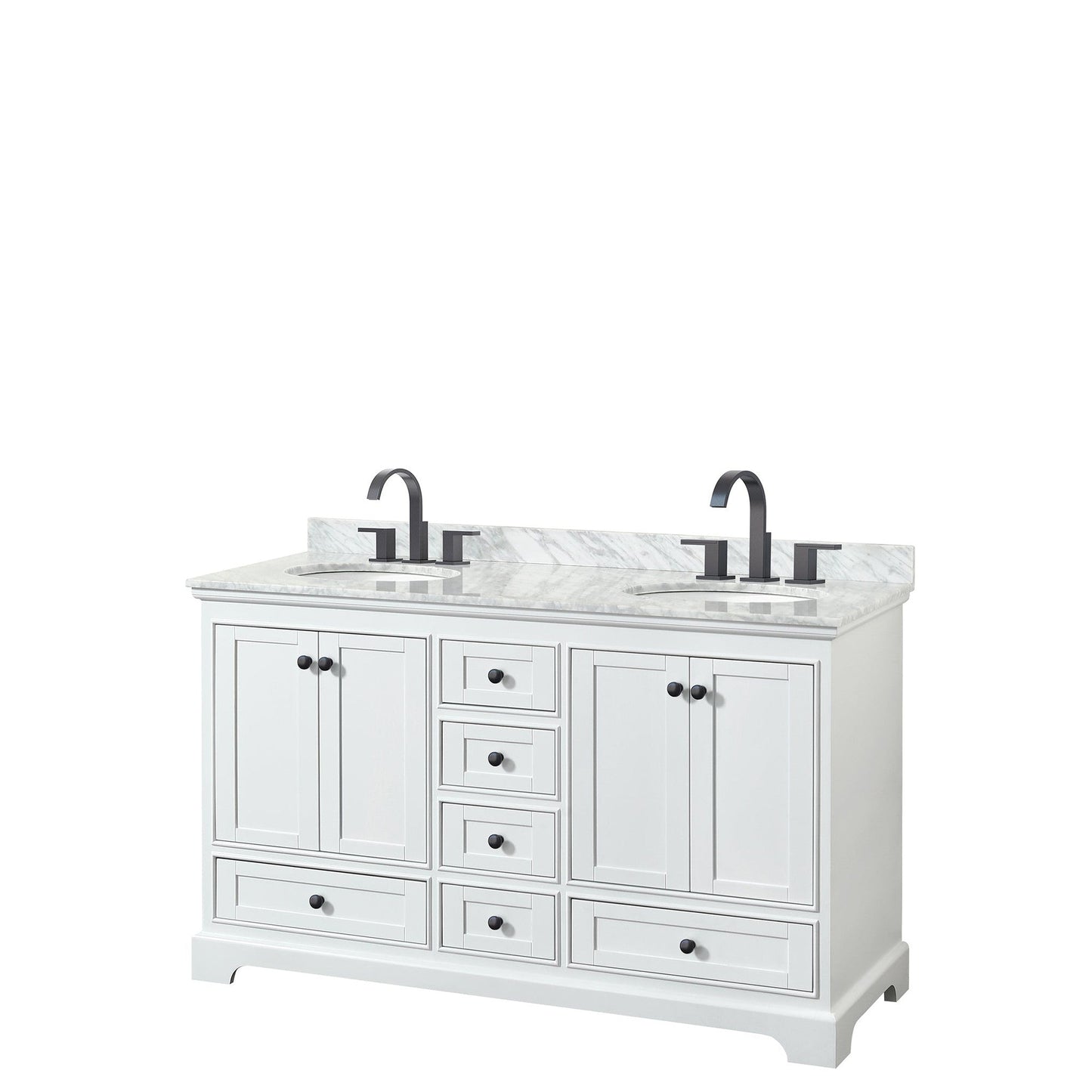 Wyndham Collection Deborah 60" Double Bathroom Vanity in White, White Carrara Marble Countertop, Undermount Oval Sinks, Matte Black Trim