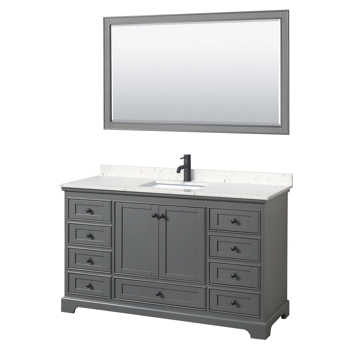 Wyndham Collection Deborah 60" Single Bathroom Vanity in Dark Gray, Carrara Cultured Marble Countertop, Undermount Square Sink, Matte Black Trim, 58" Mirror