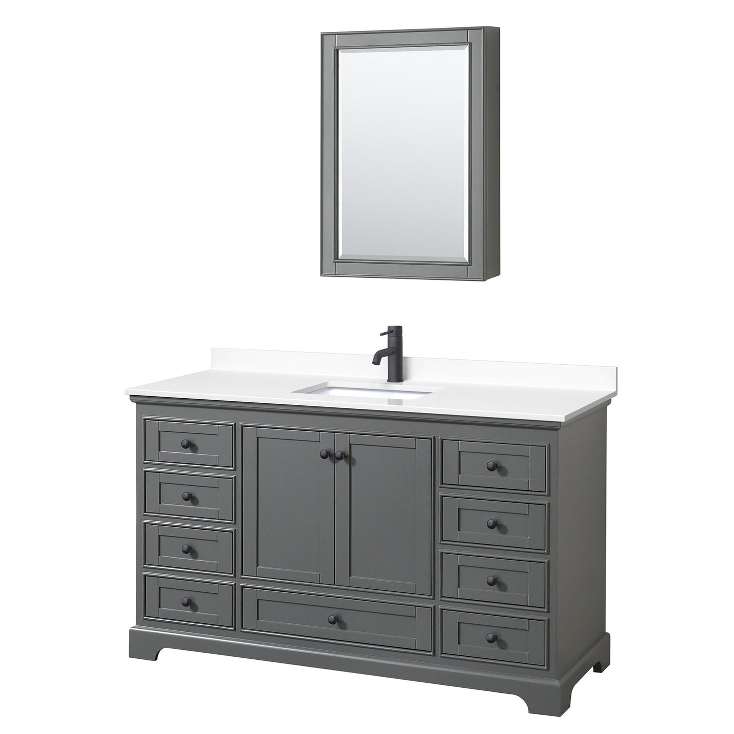 Wyndham Collection Deborah 60" Single Bathroom Vanity in Dark Gray, White Cultured Marble Countertop, Undermount Square Sink, Matte Black Trim, Medicine Cabinet