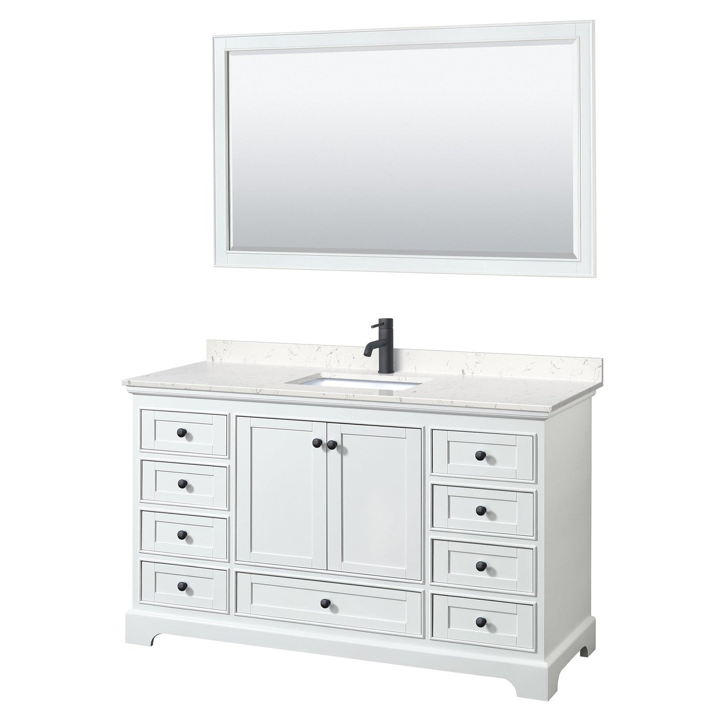 Wyndham Collection Deborah 60" Single Bathroom Vanity in White, Carrara Cultured Marble Countertop, Undermount Square Sink, Matte Black Trim, 58" Mirror