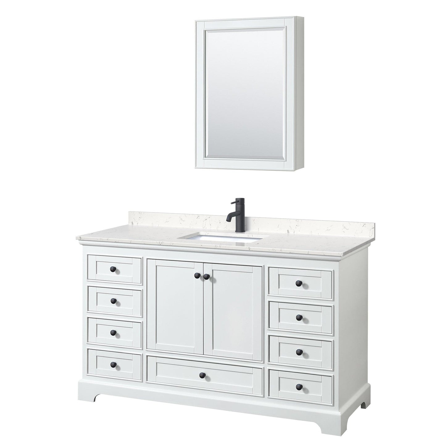 Wyndham Collection Deborah 60" Single Bathroom Vanity in White, Carrara Cultured Marble Countertop, Undermount Square Sink, Matte Black Trim, Medicine Cabinet