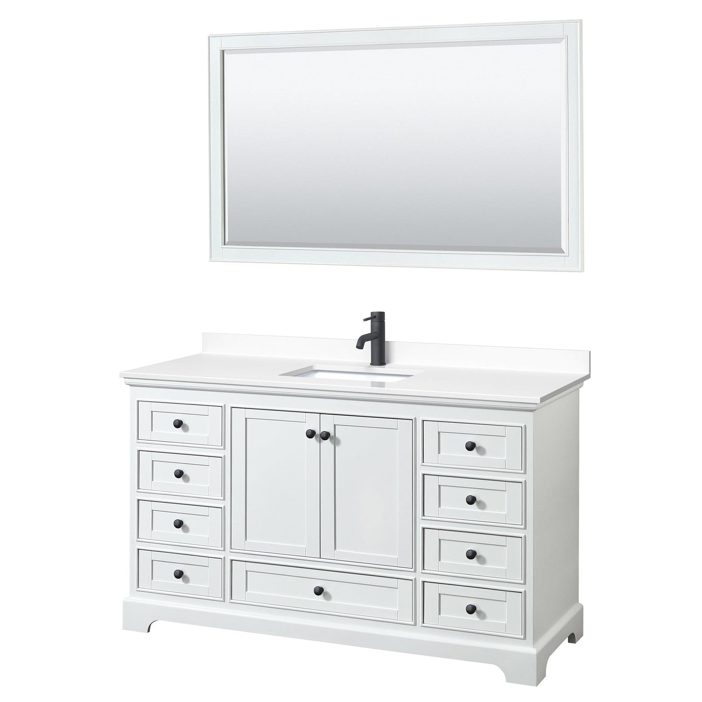 Wyndham Collection Deborah 60" Single Bathroom Vanity in White, White Cultured Marble Countertop, Undermount Square Sink, Matte Black Trim, 58" Mirror