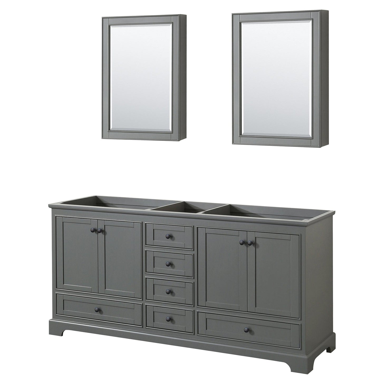 Wyndham Collection Deborah 72" Double Bathroom Vanity in Dark Gray, No Countertop, No Sinks, Matte Black Trim, Medicine Cabinets