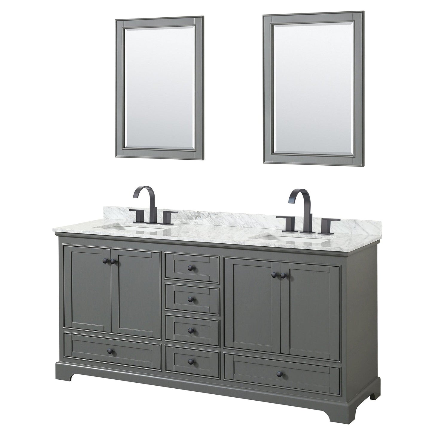 Wyndham Collection Deborah 72" Double Bathroom Vanity in Dark Gray, White Carrara Marble Countertop, Undermount Square Sinks, Matte Black Trim, 24" Mirrors