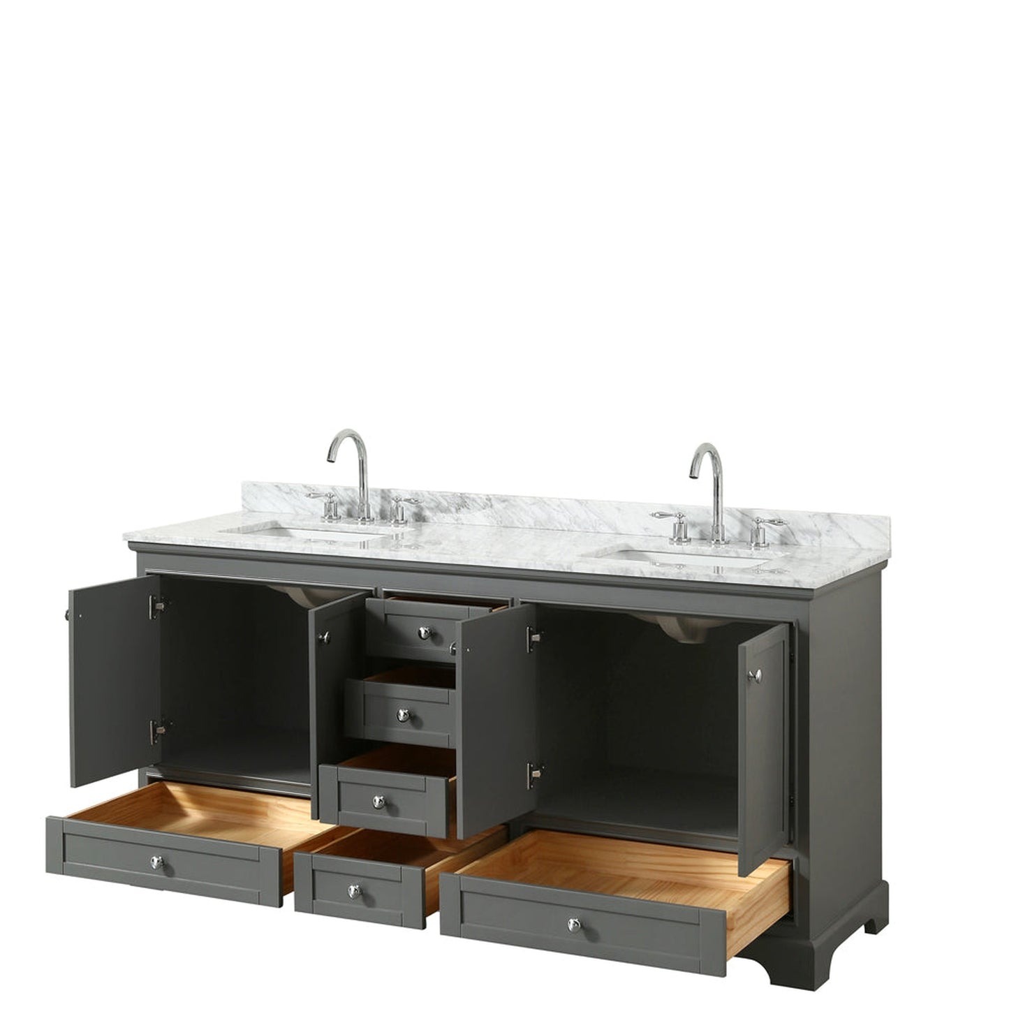 Wyndham Collection Deborah 72" Double Bathroom Vanity in Dark Gray, White Carrara Marble Countertop, Undermount Square Sinks, and No Mirror