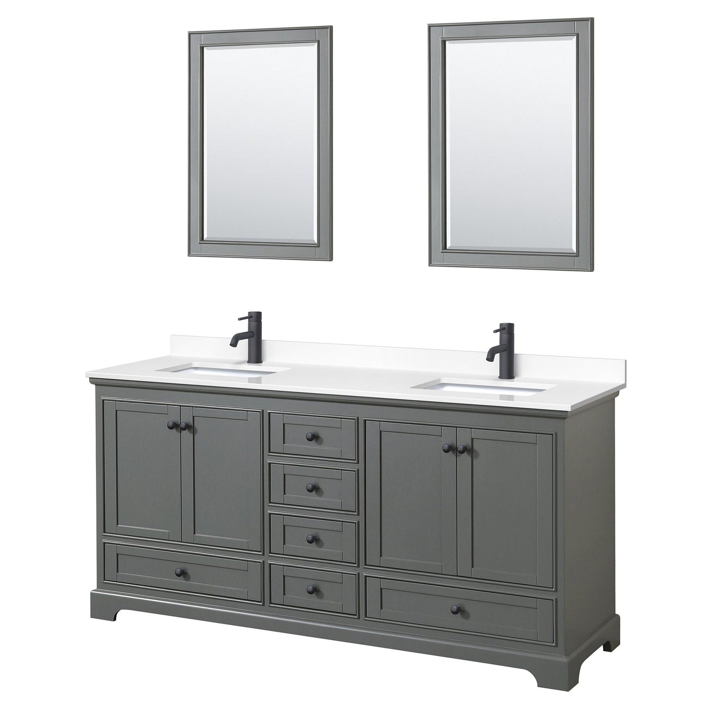 Wyndham Collection Deborah 72" Double Bathroom Vanity in Dark Gray, White Cultured Marble Countertop, Undermount Square Sinks, Matte Black Trim, 24" Mirrors