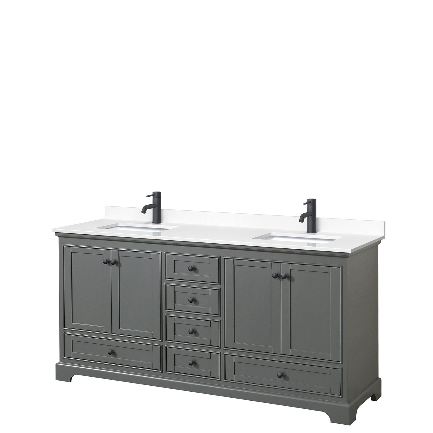 Wyndham Collection Deborah 72" Double Bathroom Vanity in Dark Gray, White Cultured Marble Countertop, Undermount Square Sinks, Matte Black Trim