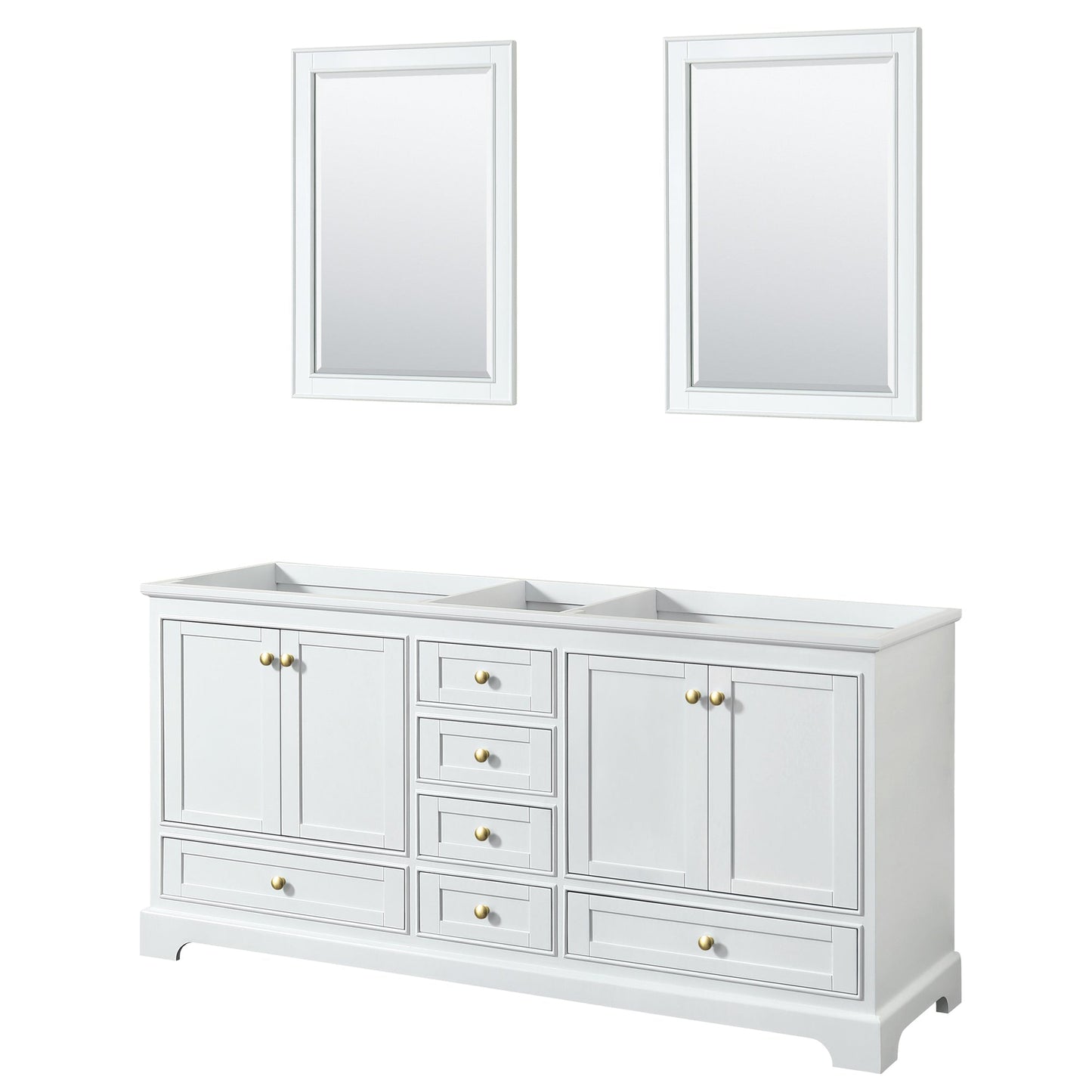 Wyndham Collection Deborah 72" Double Bathroom Vanity in White, No Countertop, No Sinks, Brushed Gold Trim, 24" Mirror
