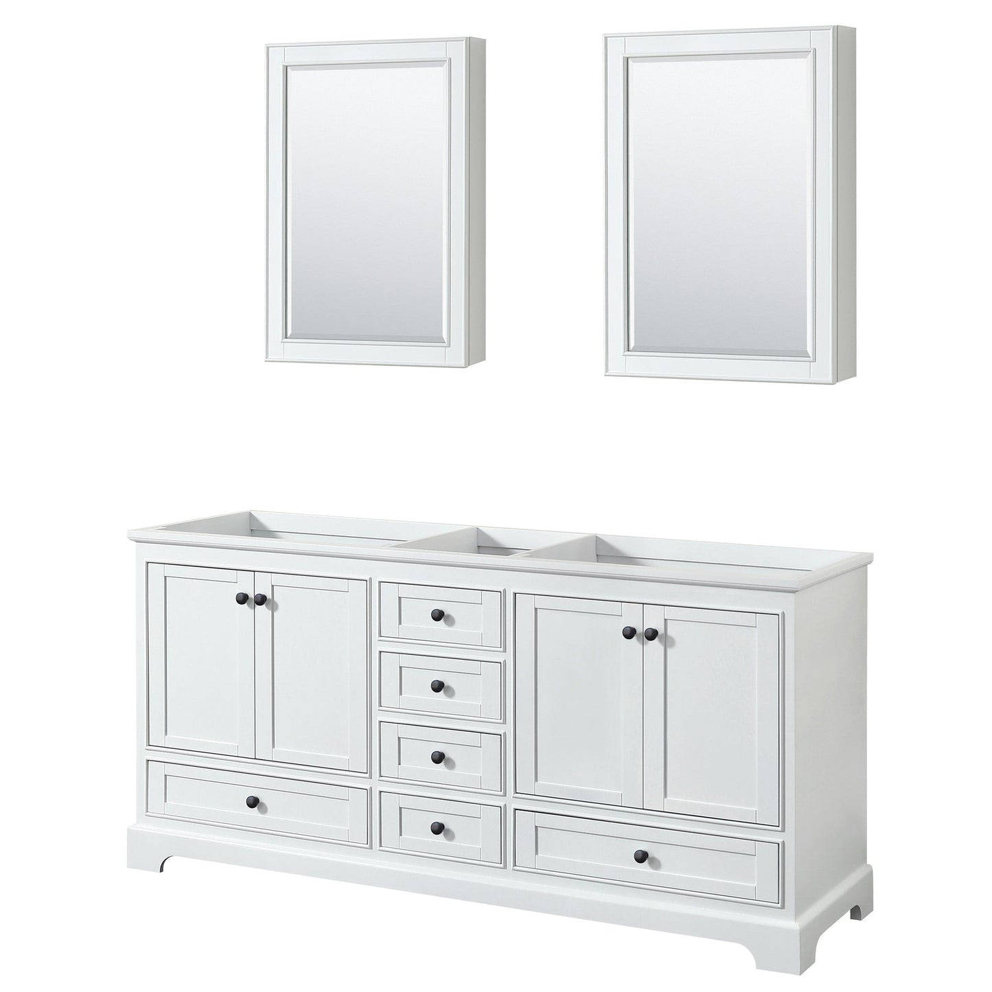 Wyndham Collection Deborah 72" Double Bathroom Vanity in White, No Countertop, No Sinks, Matte Black Trim, Medicine Cabinets