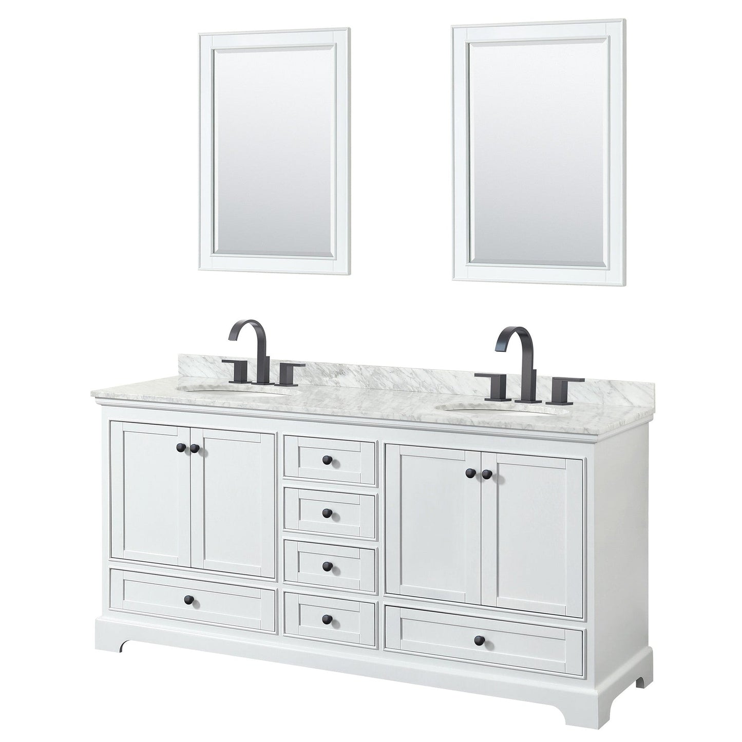 Wyndham Collection Deborah 72" Double Bathroom Vanity in White, White Carrara Marble Countertop, Undermount Oval Sinks, Matte Black Trim, 24" Mirrors