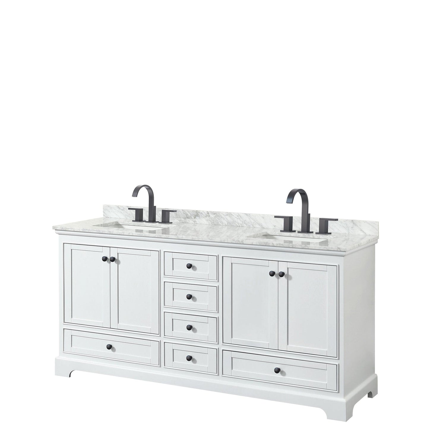 Wyndham Collection Deborah 72" Double Bathroom Vanity in White, White Carrara Marble Countertop, Undermount Square Sinks, Matte Black Trim