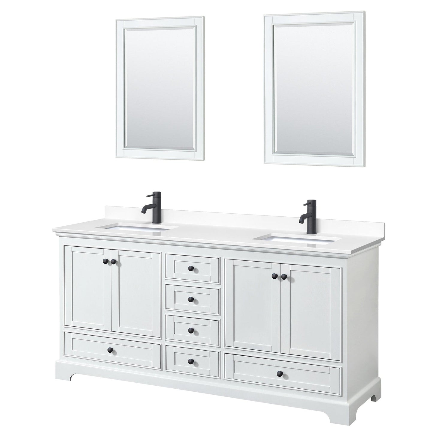 Wyndham Collection Deborah 72" Double Bathroom Vanity in White, White Cultured Marble Countertop, Undermount Square Sinks, Matte Black Trim, 24" Mirrors