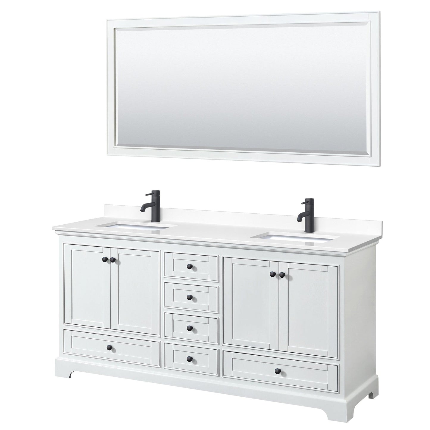 Wyndham Collection Deborah 72" Double Bathroom Vanity in White, White Cultured Marble Countertop, Undermount Square Sinks, Matte Black Trim, 70" Mirror