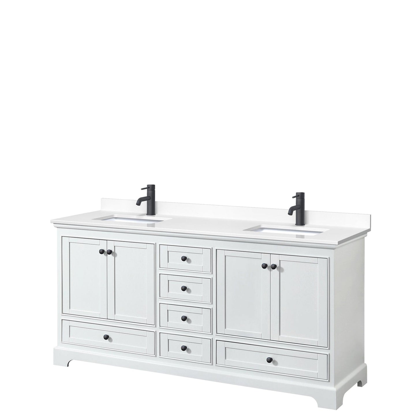 Wyndham Collection Deborah 72" Double Bathroom Vanity in White, White Cultured Marble Countertop, Undermount Square Sinks, Matte Black Trim