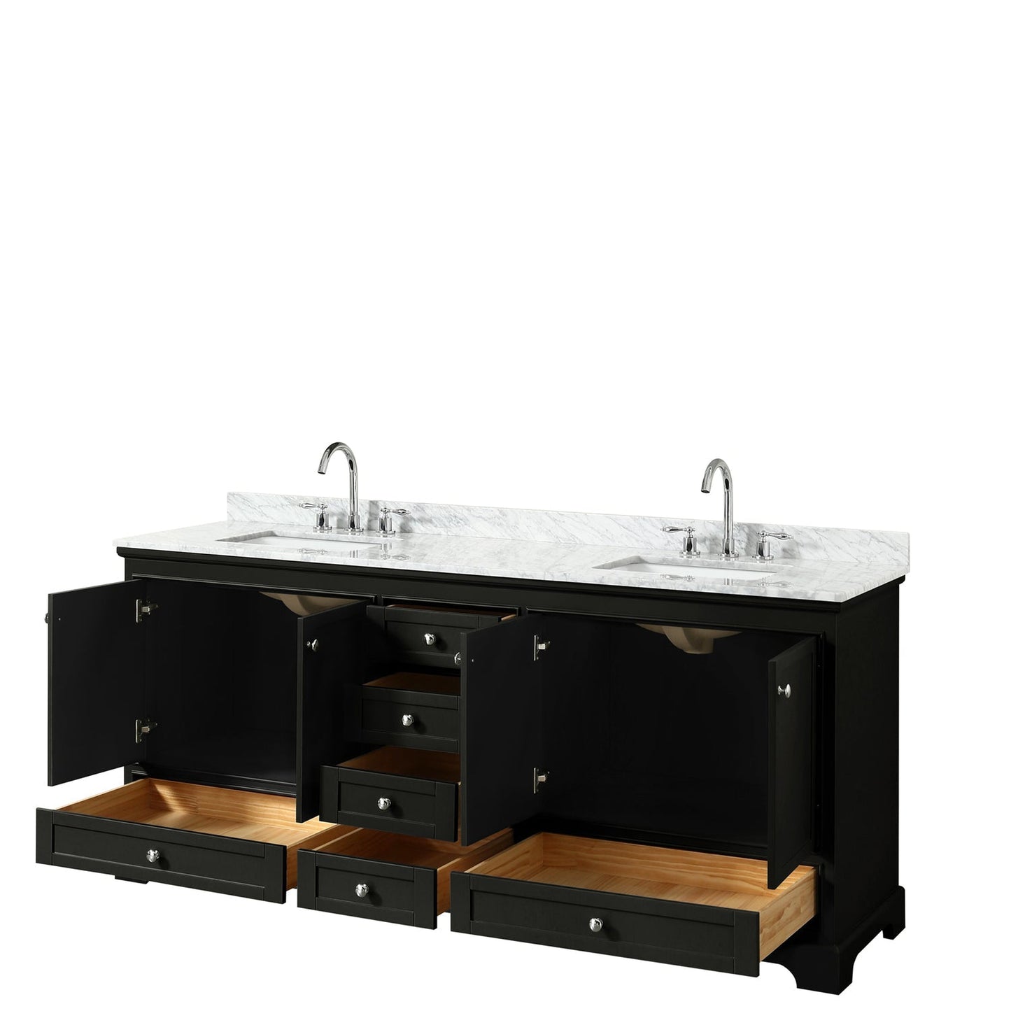 Wyndham Collection Deborah 80" Double Bathroom Vanity in Dark Espresso, White Carrara Marble Countertop, Undermount Square Sinks, and No Mirror