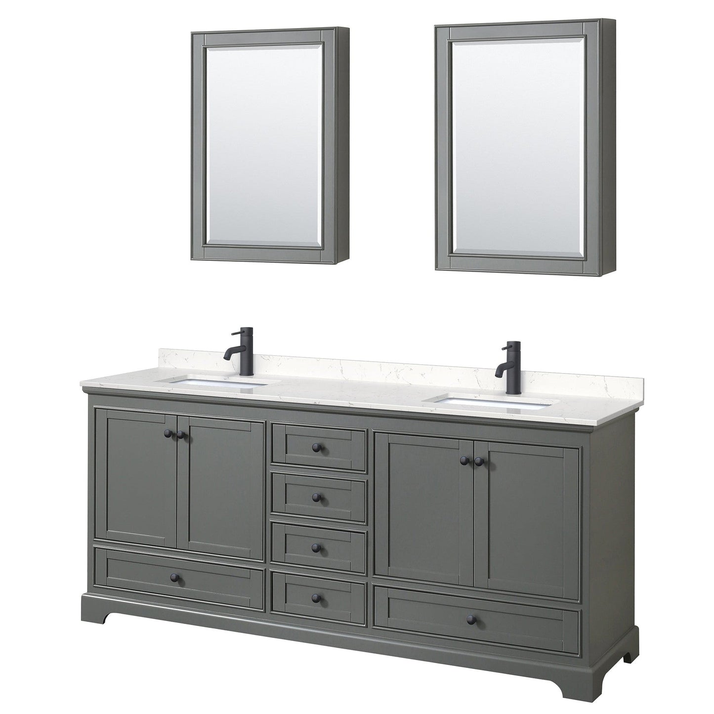 Wyndham Collection Deborah 80" Double Bathroom Vanity in Dark Gray, Carrara Cultured Marble Countertop, Undermount Square Sinks, Matte Black Trim, Medicine Cabinets
