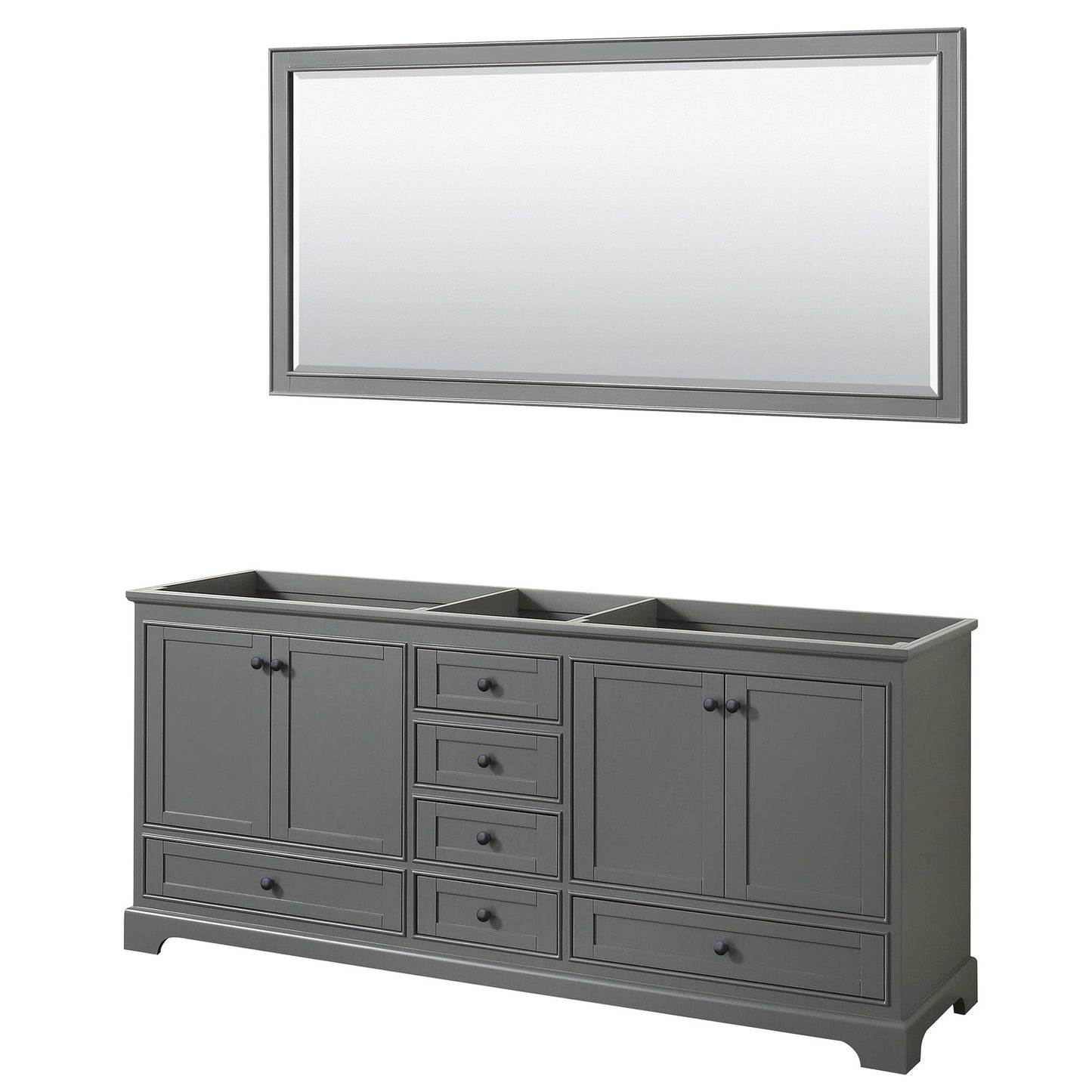Wyndham Collection Deborah 80" Double Bathroom Vanity in Dark Gray, No Countertop, No Sinks, Matte Black Trim, 70" Mirror