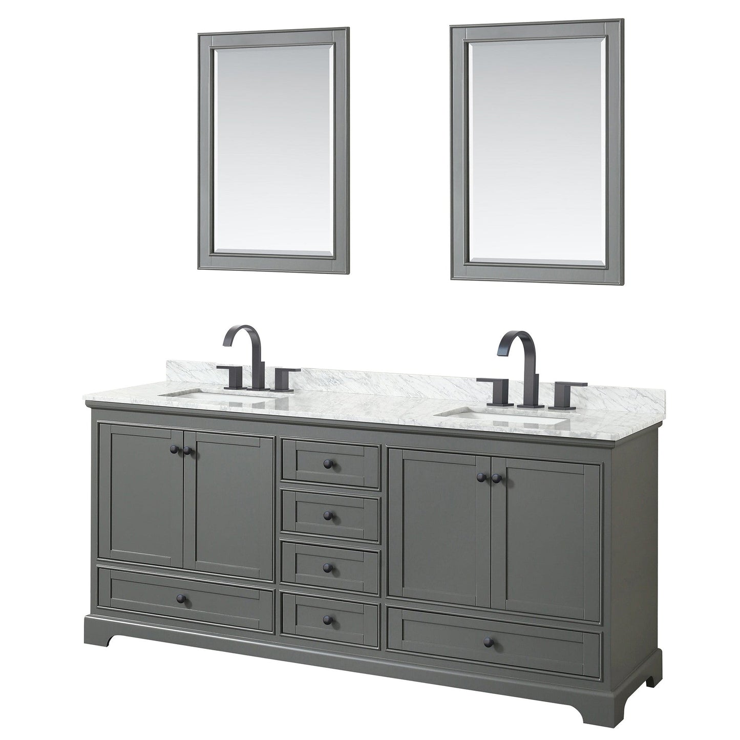 Wyndham Collection Deborah 80" Double Bathroom Vanity in Dark Gray, White Carrara Marble Countertop, Undermount Square Sinks, Matte Black Trim, 24" Mirrors