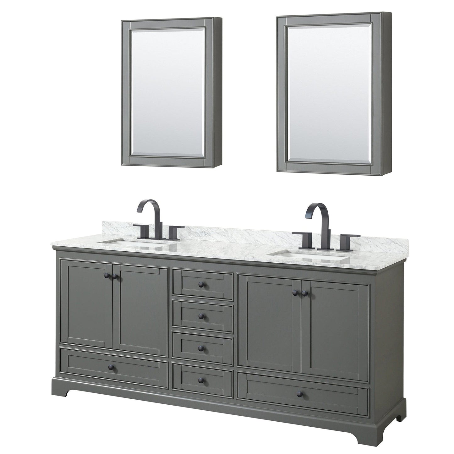 Wyndham Collection Deborah 80" Double Bathroom Vanity in Dark Gray, White Carrara Marble Countertop, Undermount Square Sinks, Matte Black Trim, Medicine Cabinets
