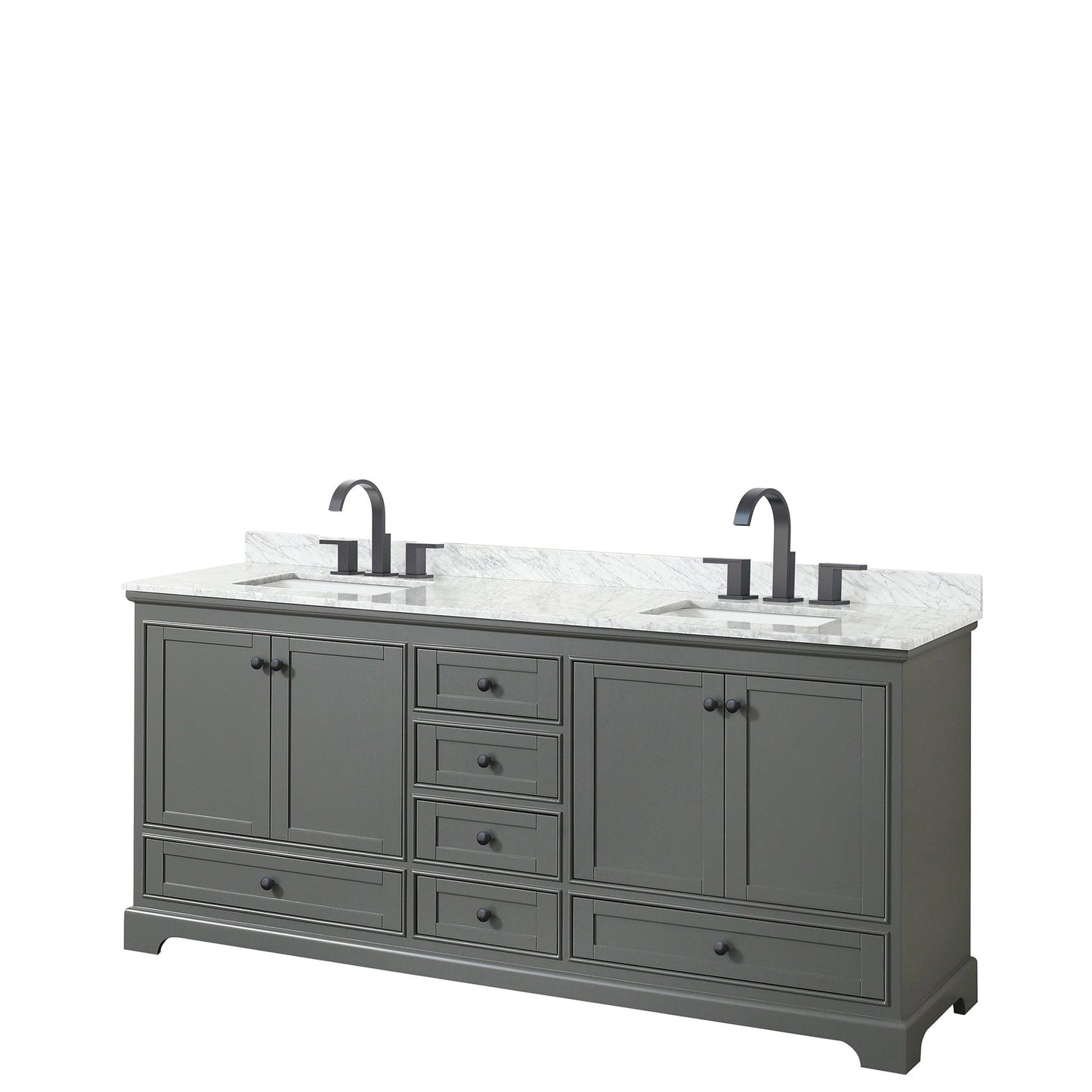 Wyndham Collection Deborah 80" Double Bathroom Vanity in Dark Gray, White Carrara Marble Countertop, Undermount Square Sinks, Matte Black Trim