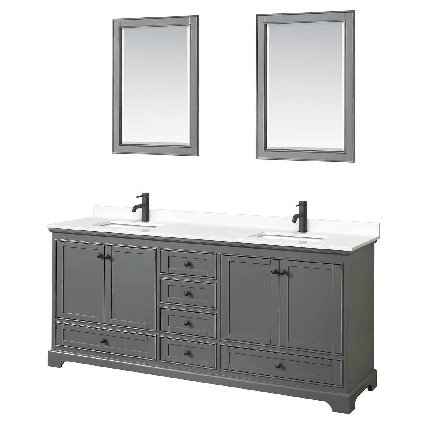 Wyndham Collection Deborah 80" Double Bathroom Vanity in Dark Gray, White Cultured Marble Countertop, Undermount Square Sinks, Matte Black Trim, 24" Mirrors