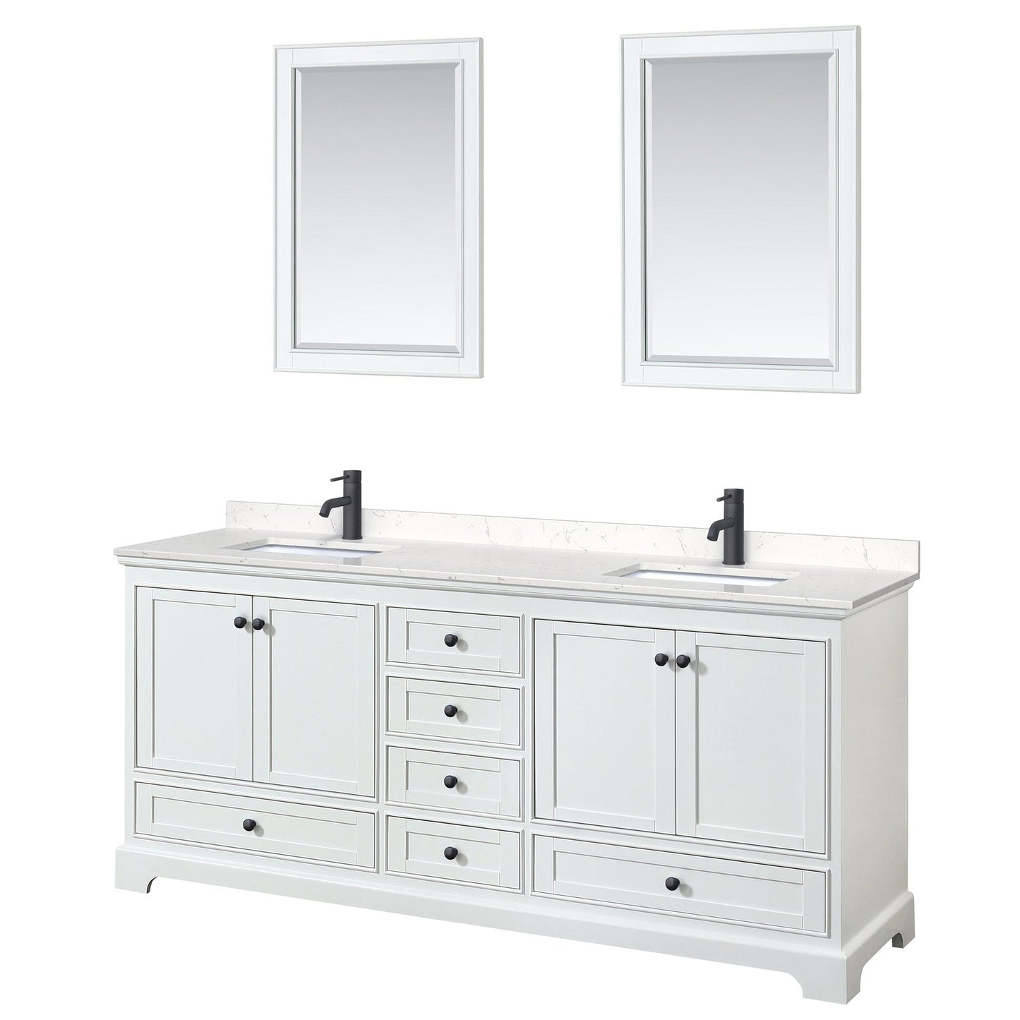 Wyndham Collection Deborah 80" Double Bathroom Vanity in White, Carrara Cultured Marble Countertop, Undermount Square Sinks, Matte Black Trim, 24" Mirrors