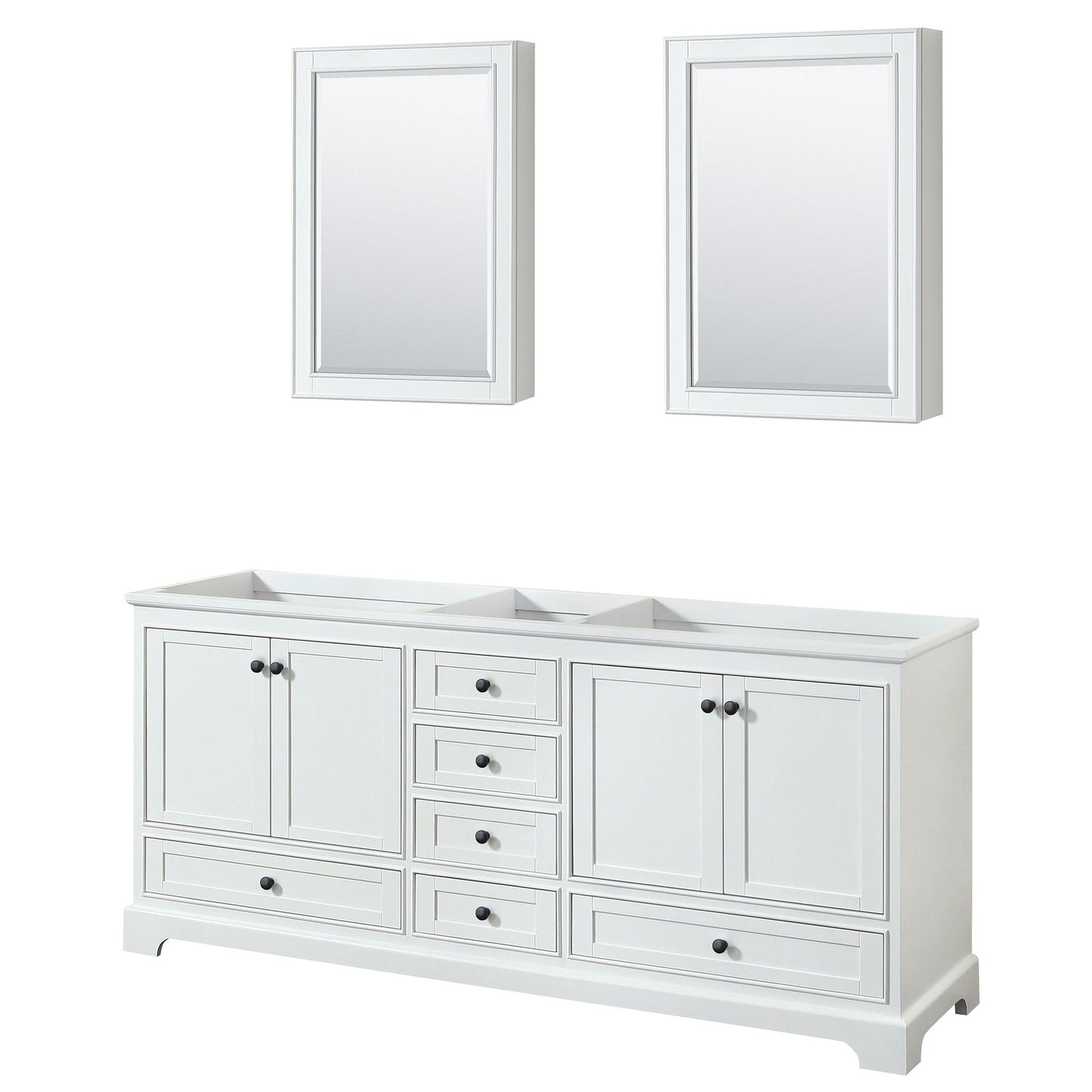 Wyndham Collection Deborah 80" Double Bathroom Vanity in White, No Countertop, No Sinks, Matte Black Trim, Medicine Cabinets