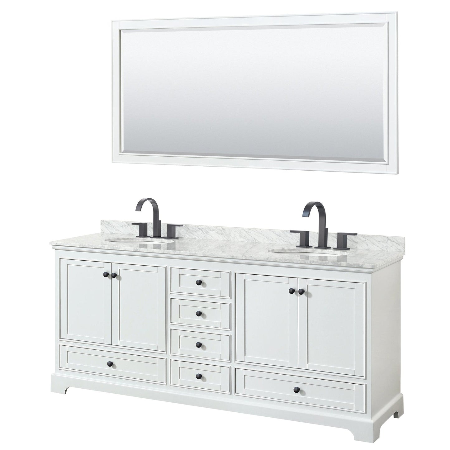 Wyndham Collection Deborah 80" Double Bathroom Vanity in White, White Carrara Marble Countertop, Undermount Oval Sinks, Matte Black Trim, 70" Mirror