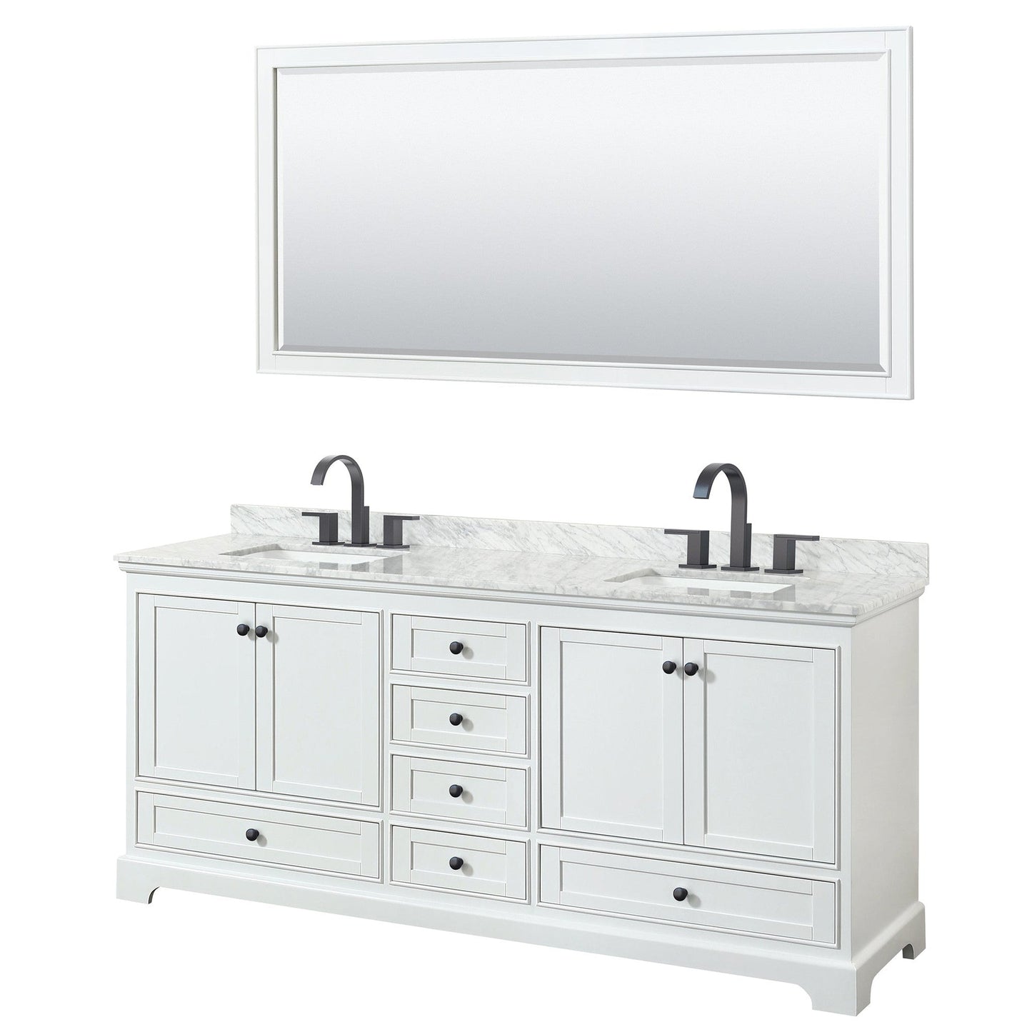 Wyndham Collection Deborah 80" Double Bathroom Vanity in White, White Carrara Marble Countertop, Undermount Square Sinks, Matte Black Trim, 70" Mirror
