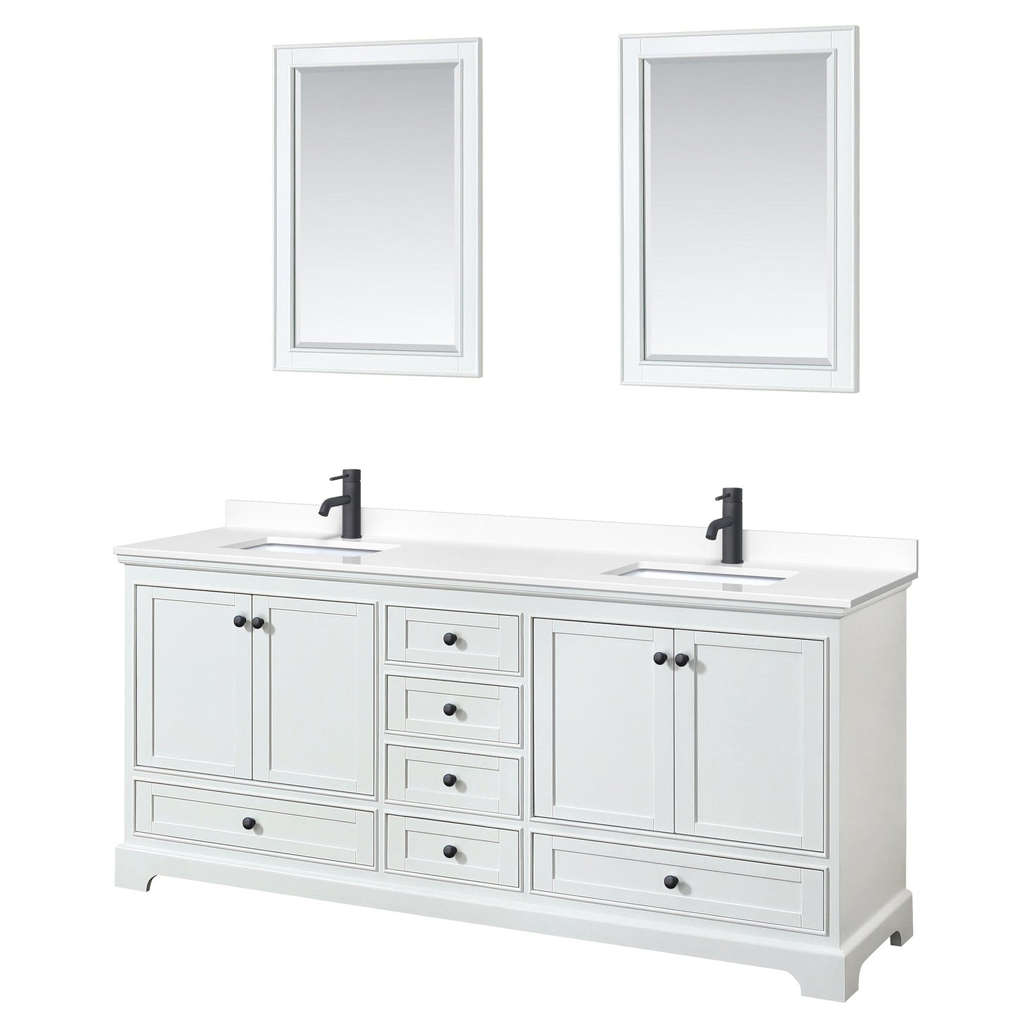 Wyndham Collection Deborah 80" Double Bathroom Vanity in White, White Cultured Marble Countertop, Undermount Square Sinks, Matte Black Trim, 24" Mirrors