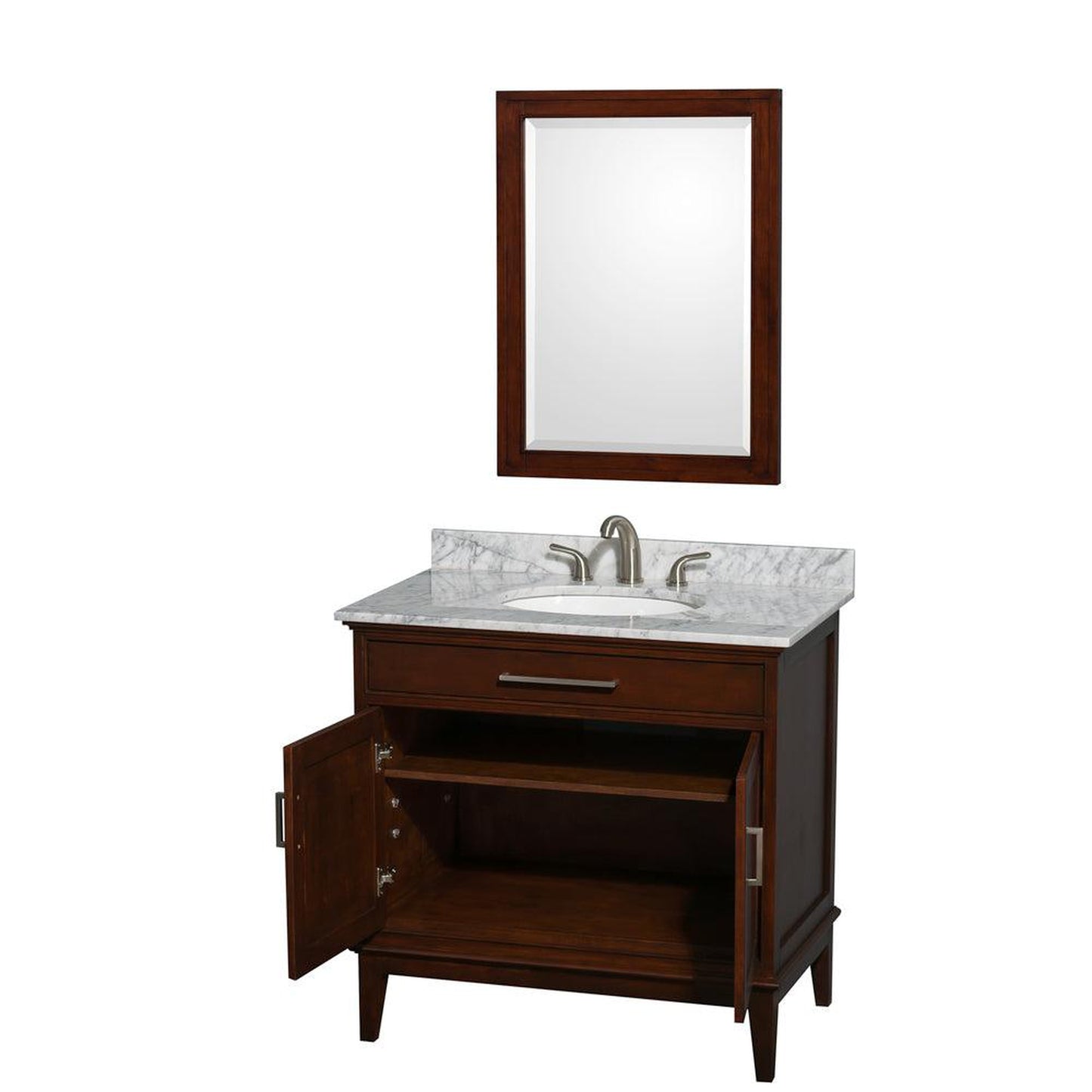 Wyndham Collection Hatton 36" Single Bathroom Vanity in Dark Chestnut, White Carrara Marble Countertop, Undermount Oval Sink, and 24" Mirror