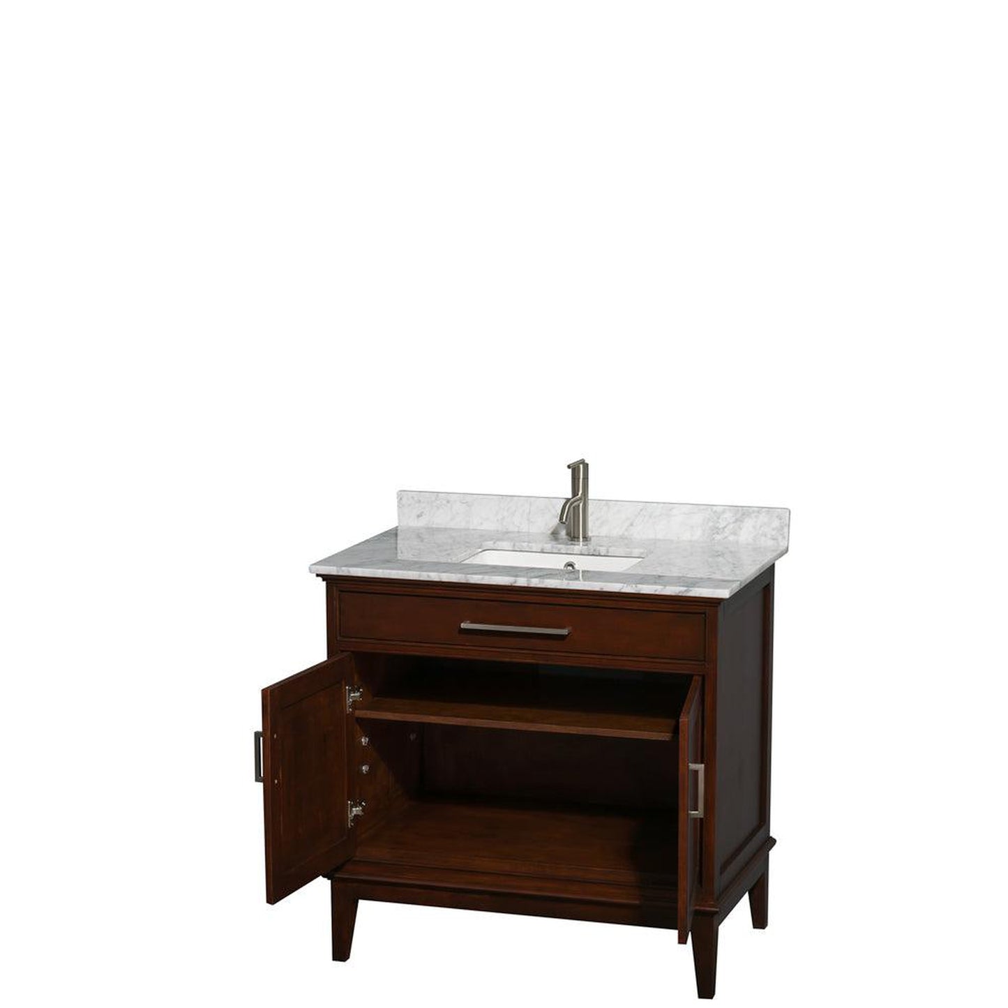 Wyndham Collection Hatton 36" Single Bathroom Vanity in Dark Chestnut, White Carrara Marble Countertop, Undermount Square Sink, and No Mirror