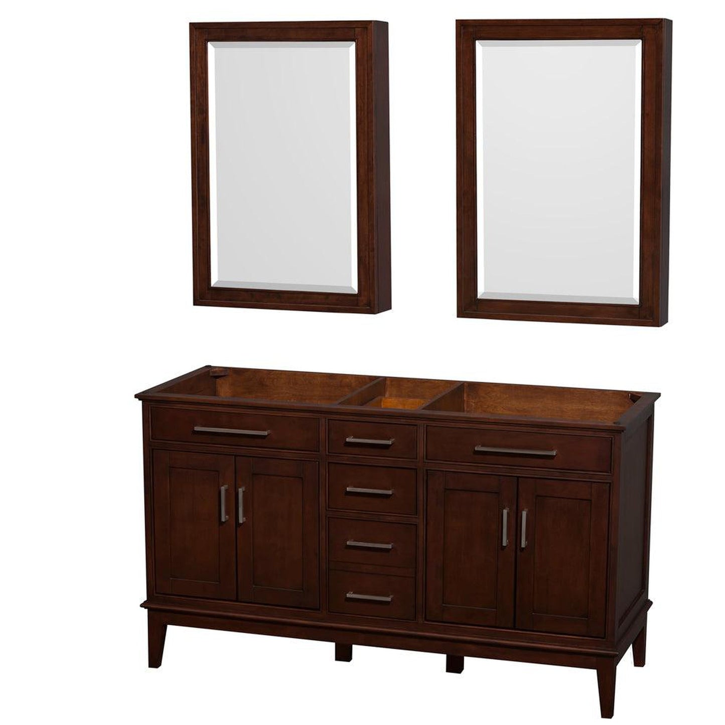 Wyndham Collection Hatton 60" Double Bathroom Vanity in Dark Chestnut, No Countertop, No Sinks, 24" Medicine Cabinet