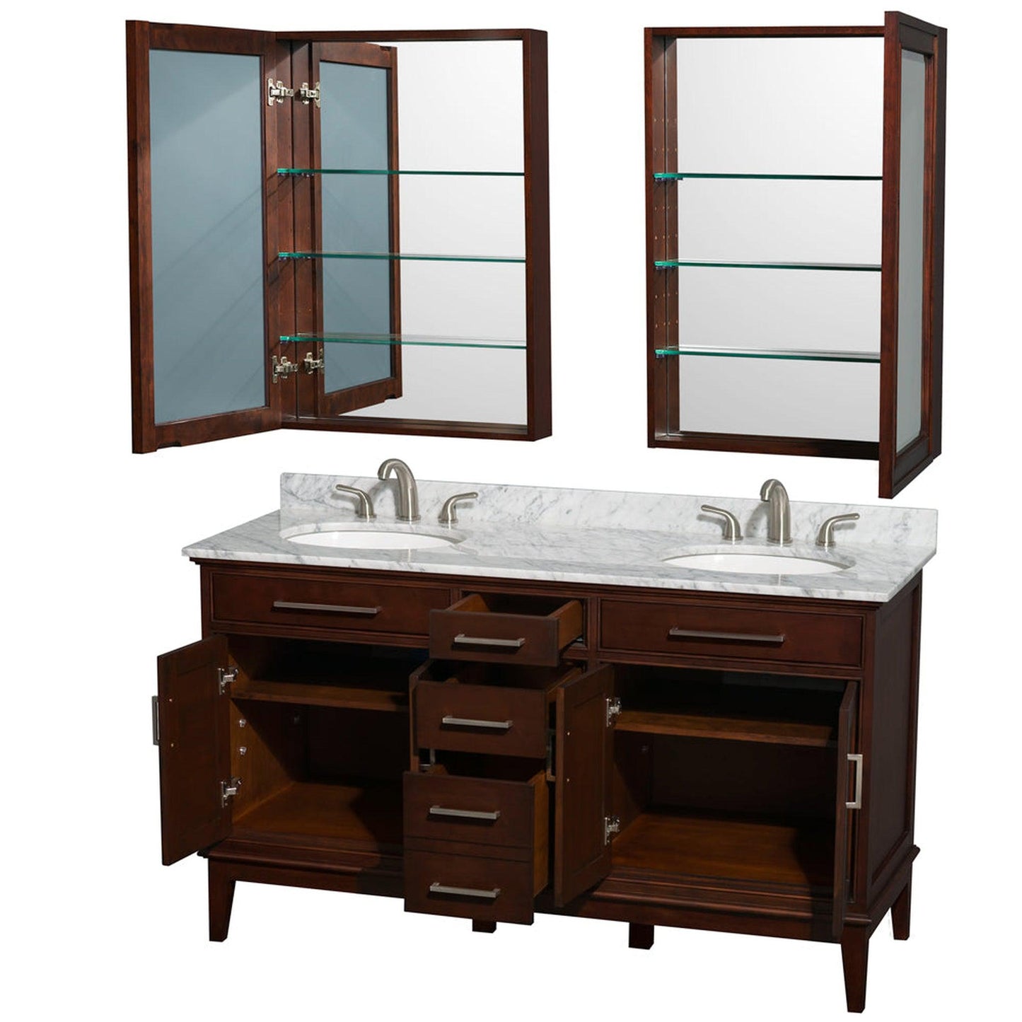 Wyndham Collection Hatton 60" Double Bathroom Vanity in Dark Chestnut, White Carrara Marble Countertop, Undermount Round Sinks, 24" Medicine Cabinet
