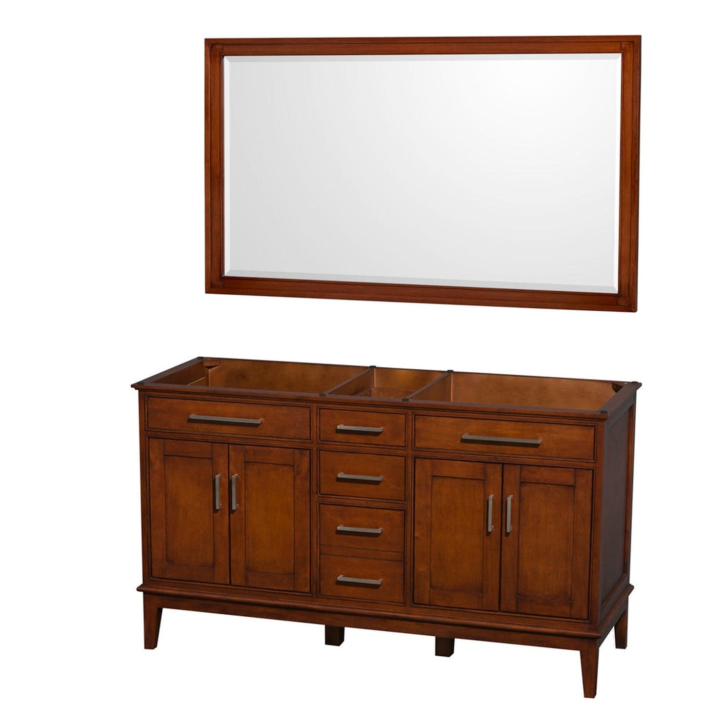 Wyndham Collection Hatton 60" Double Bathroom Vanity in Light Chestnut, No Countertop, No Sinks, and 56" Mirror